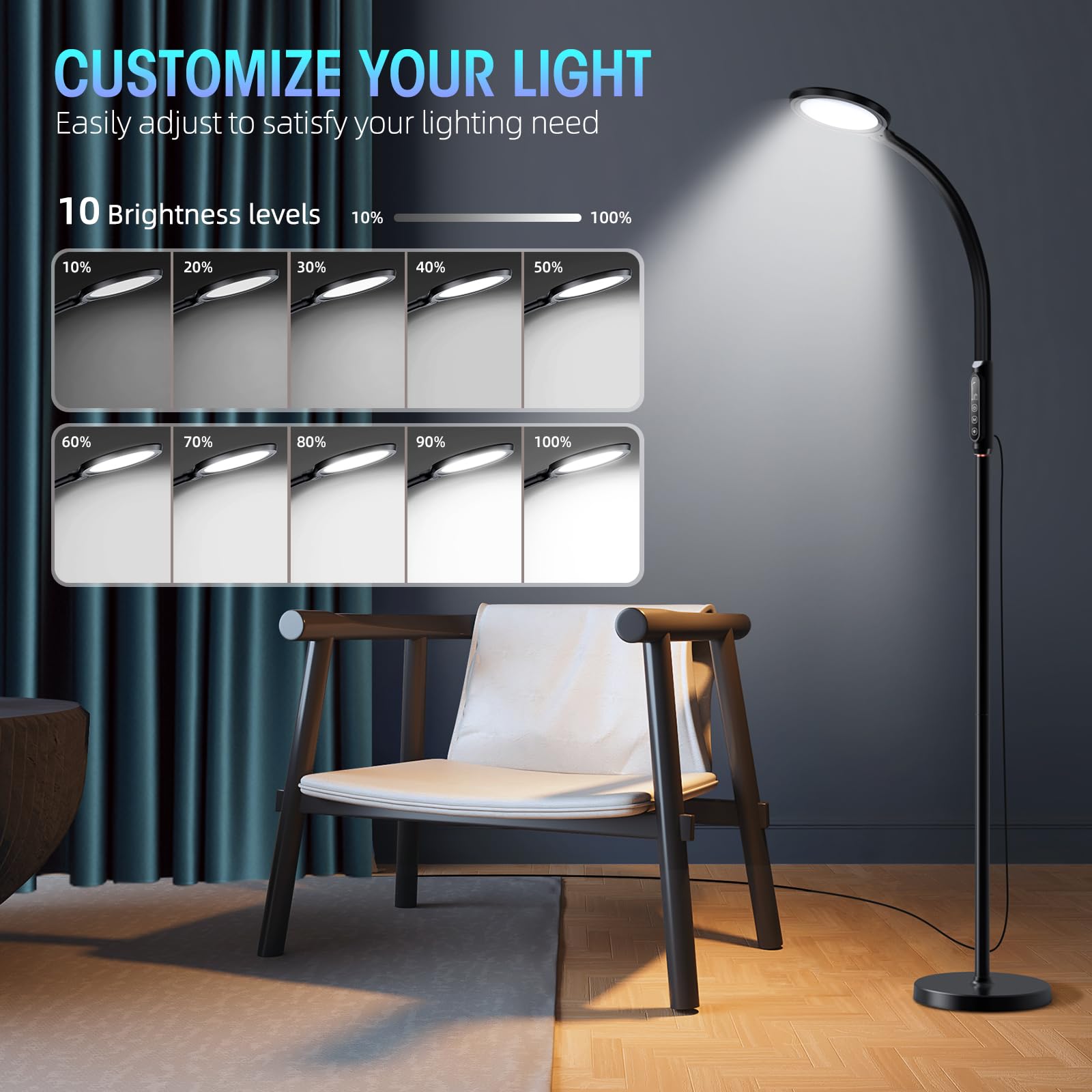 Happy Light Therapy Lamp 11000 Lux - UV-Free Full Spectrum LED Sunlight Lamp with 10 Brightness Levels, 2-in-1 Retractable Floor/Desk Lamp for SAD, Seasonal Depression & Vitamin D - Black (Ideal for Home, Office & Winter Use)