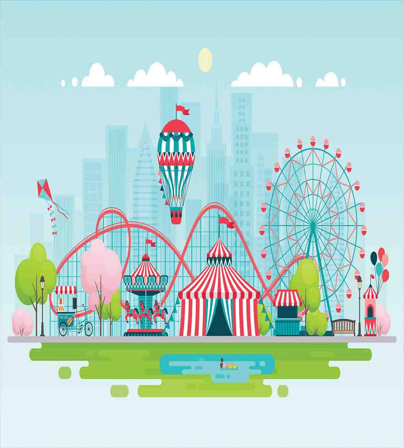 Ambesonne Ferris Wheel Duvet Cover Set - Vibrant Urban Carnival Theme with Circus Tents, Hot Air Balloons & Rollercoaster - 3 Piece King Size Bedding Set Includes 2 Pillow Shams - Perfect for Theme Bedrooms, Kids Rooms & Circus-Themed Decor