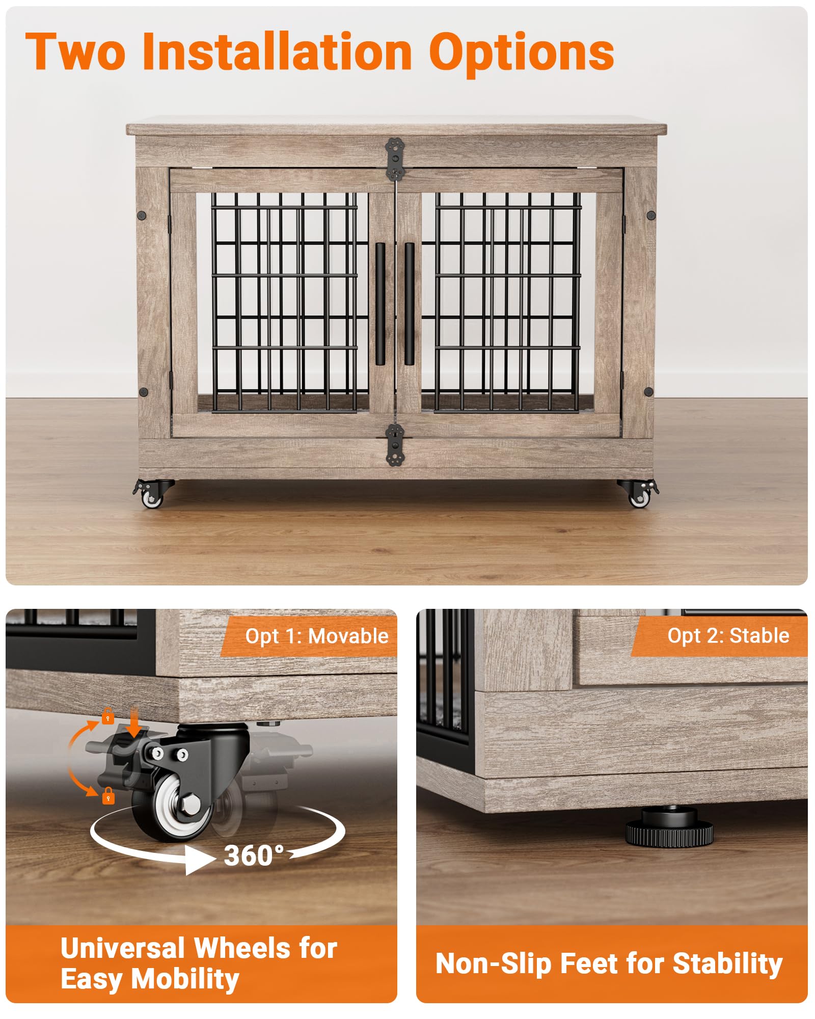 **Heavy Duty Wooden Dog Crate Furniture with Cushion – Double Door Dog Kennel & End Table with Wheels – Indoor Dog House for Small & Medium Dogs up to 45 lbs (32.5” L, Grey) – Perfect for Living Room, Bedroom, or Office**