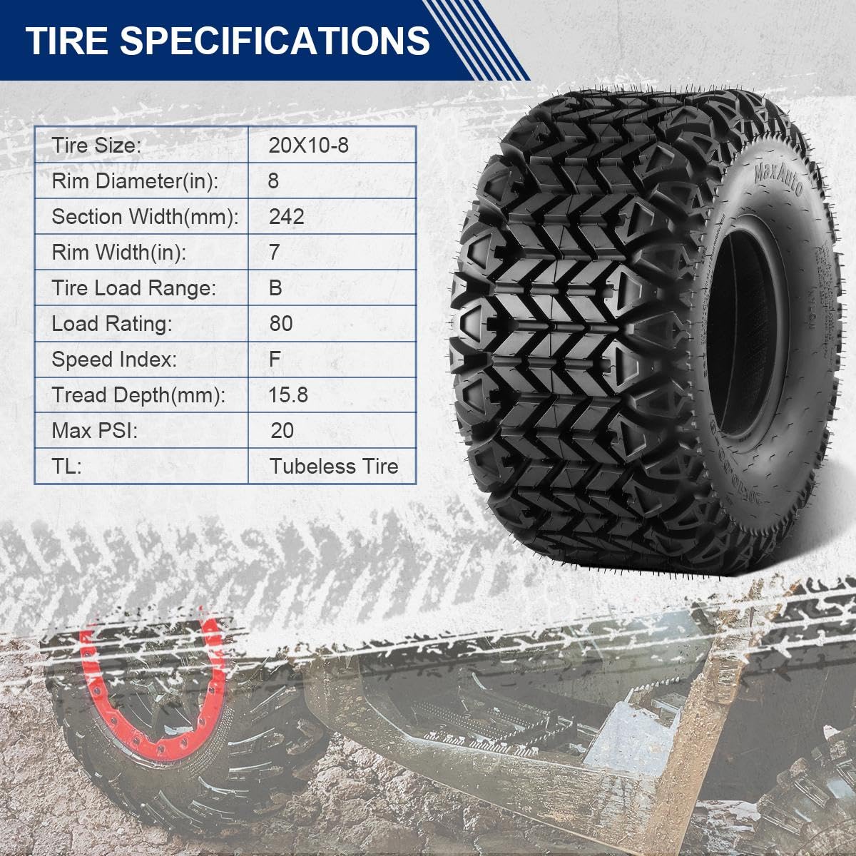 MaxAuto AT20X10-8 All-Terrain ATV Tires - 20x10x8 4-Ply Tubeless Replacement Tires for Lawn Mowers, Golf Carts & Tractors (2-Pack) - Perfect for Off-Road Adventures, Yard Work & Farm Use