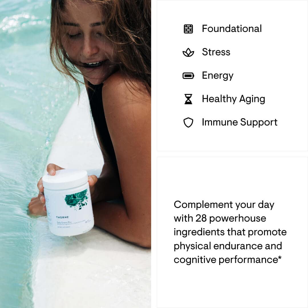 THORNE Daily Greens Plus Superfood Powder - Organic Matcha, Spirulina, Moringa with Adaptogens & Mushroom Blend - Antioxidant Rich Mint Flavor (7.2oz, 30 Servings) for Energy Boost & Immune Support - Perfect for Smoothies, Juices & Post-Workout Recovery