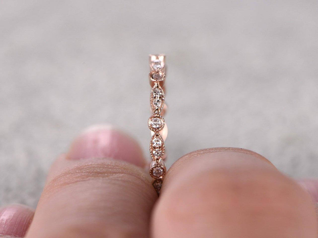 0.50 Carat 10k Rose Gold Moissanite Wedding Band - Milgrain Art Deco Anniversary Ring for Women - Perfect for Bridal, Engagement & Special Occasions