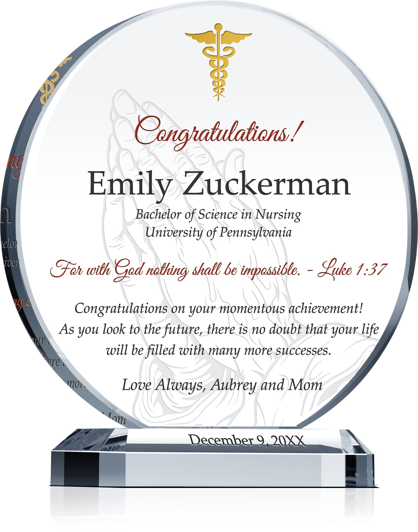 Personalized Crystal Nursing School Graduation Plaque - Custom Engraved with Name, School & Degree - Unique RN Graduation Gift for Women, Daughter, Granddaughter or Sister - Perfect for Graduation Ceremonies, Office Display & Home Decor (XL-10)