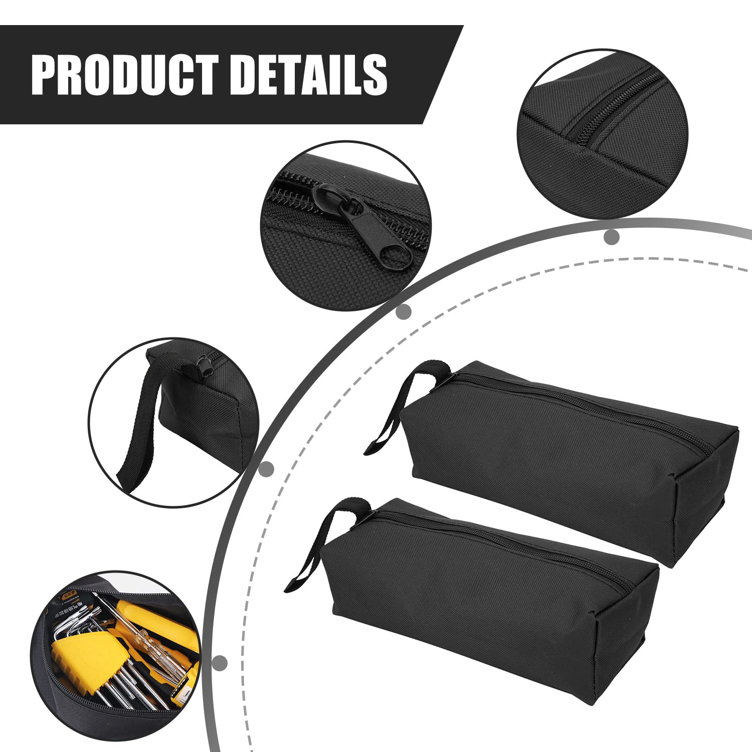 2 Pack Small Tool Bag 9.8x3.3x2.8in - Multi-Purpose Tool Pouch Organizer with Adjustable Wristband for Screwdrivers, Pliers, Nut Drivers - Durable Black Tool Storage for Electricians, Mechanics & DIY Projects