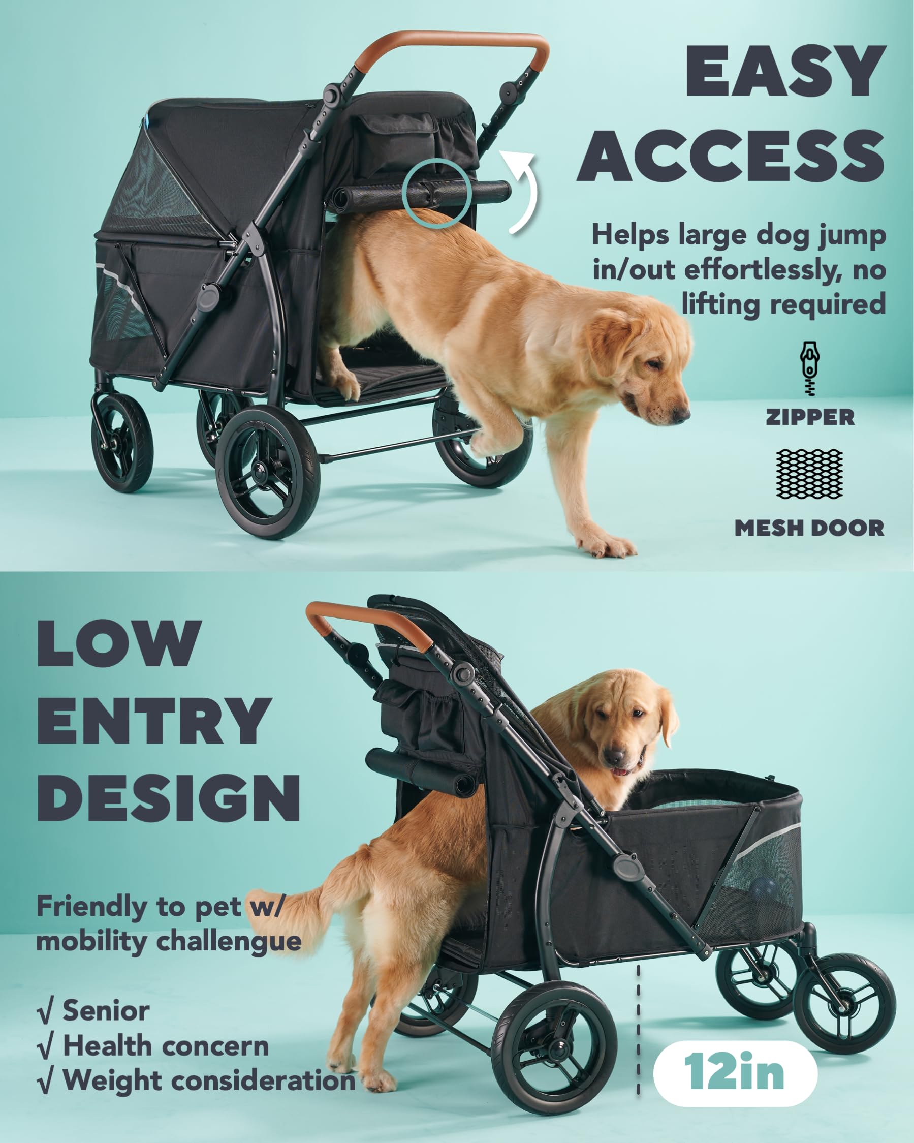 XL Dog Stroller for Large Dogs Up to 110lbs - All Terrain Pet Stroller with Adjustable Handle & 1680D Waterproof Oxford Fabric - Perfect for Hiking, Shopping, and Vet Visits