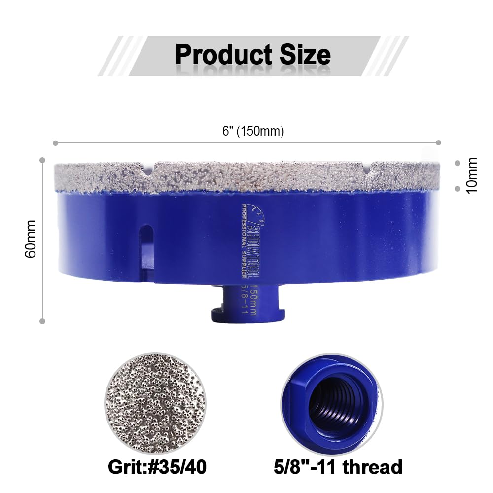 6 Inch Dry Diamond Hole Saw for Porcelain, Ceramic Tile, Marble & Brick - Vacuum Brazed Core Drill Bit (150mm) - Perfect for Bathroom Renovation, Kitchen Backsplash & Masonry Work