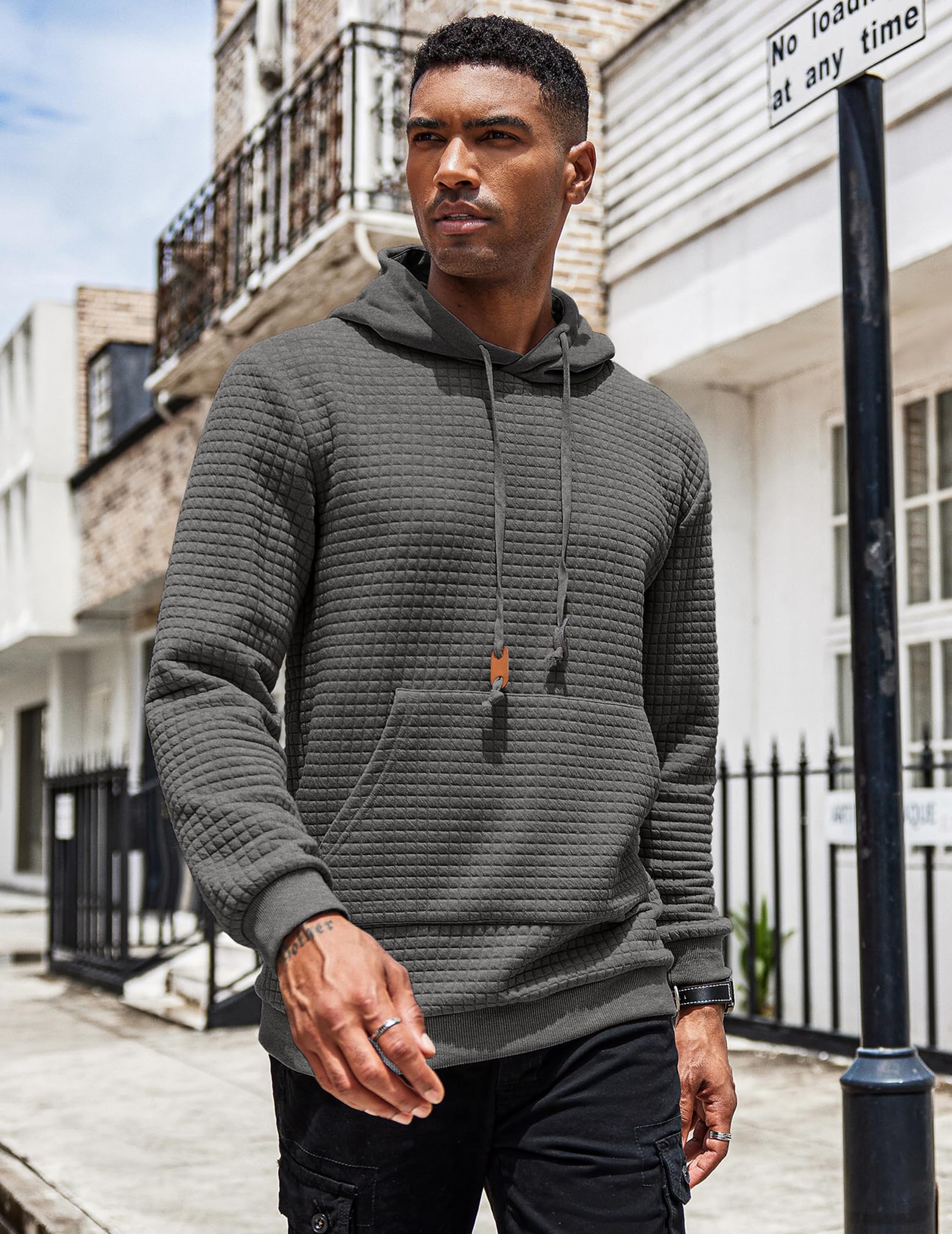 COOFANDY Men's Fashion Waffle Knit Pullover Hoodie with Pocket - Long Sleeve Casual Sweatshirt for Streetwear, Lounge & Outdoor Activities