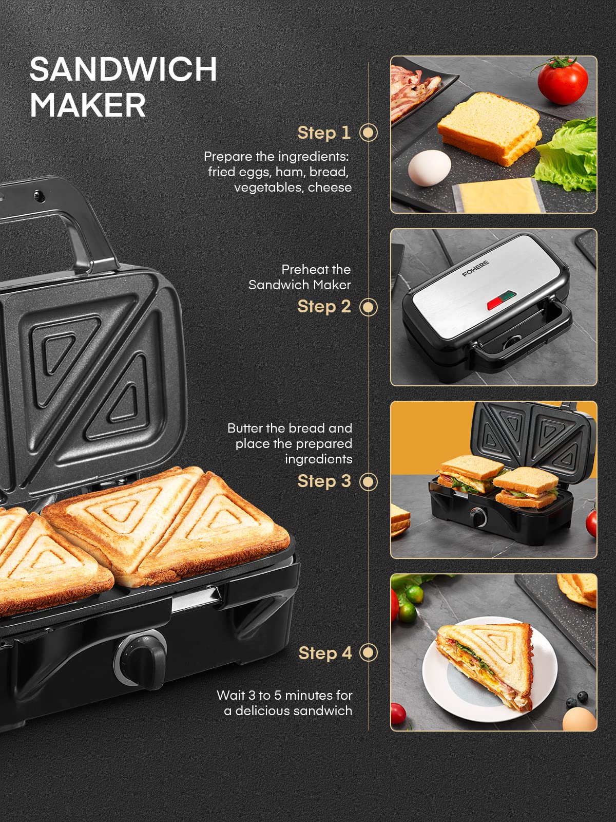 FOHERE 3-in-1 Waffle Maker & Sandwich Press | 1200W Panini Grill with Removable Non-Stick Plates, 5-Temperature Settings, Indicator Lights (Silver/Black) | Perfect for Breakfast, Brunch & Quick Snacks at Home