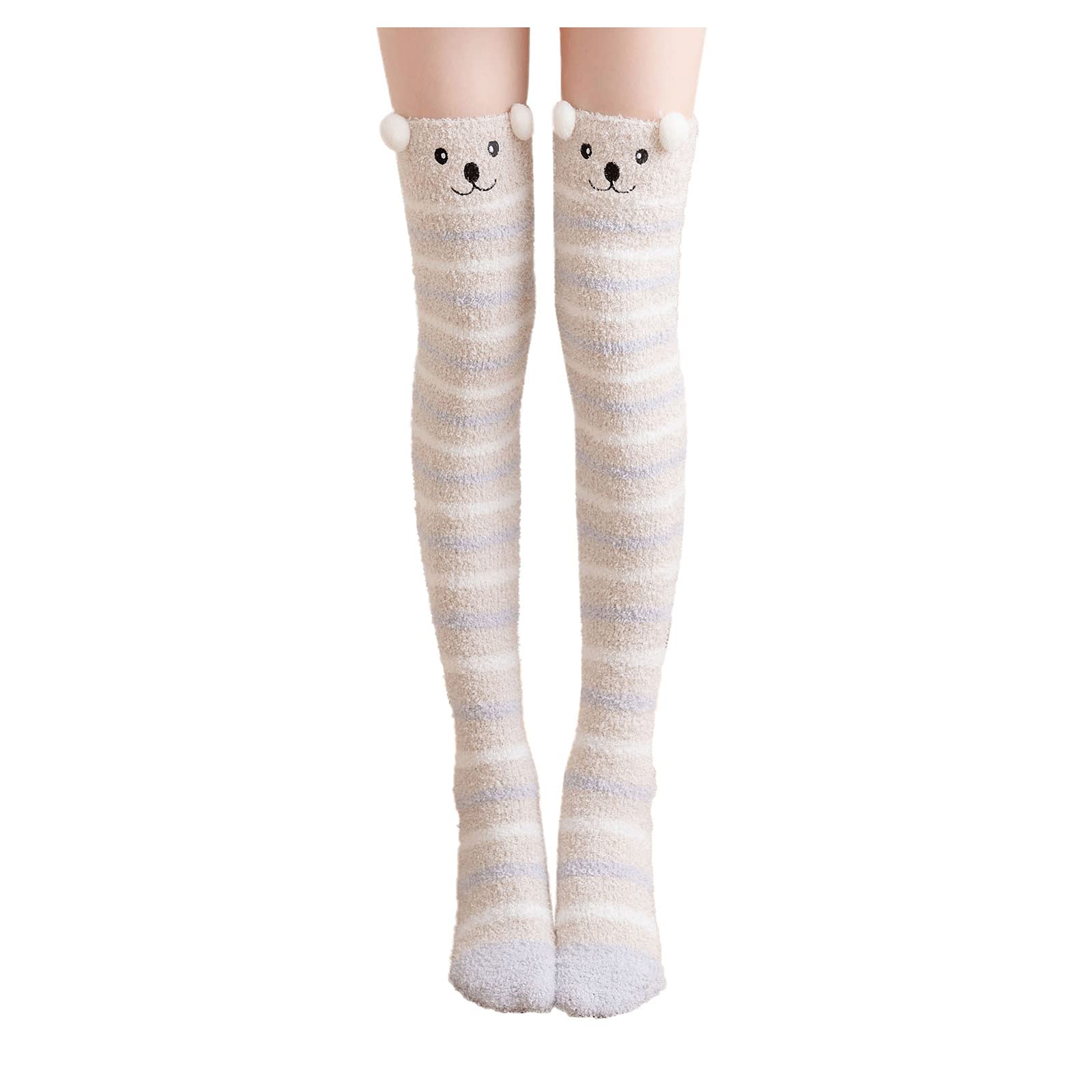 Cute Over Knee High Socks for Women - Black Fuzzy Winter Warm Thigh-High Leggings Socks with Cartoon Design - Perfect for Home, Lounge & Cold Weather Comfort