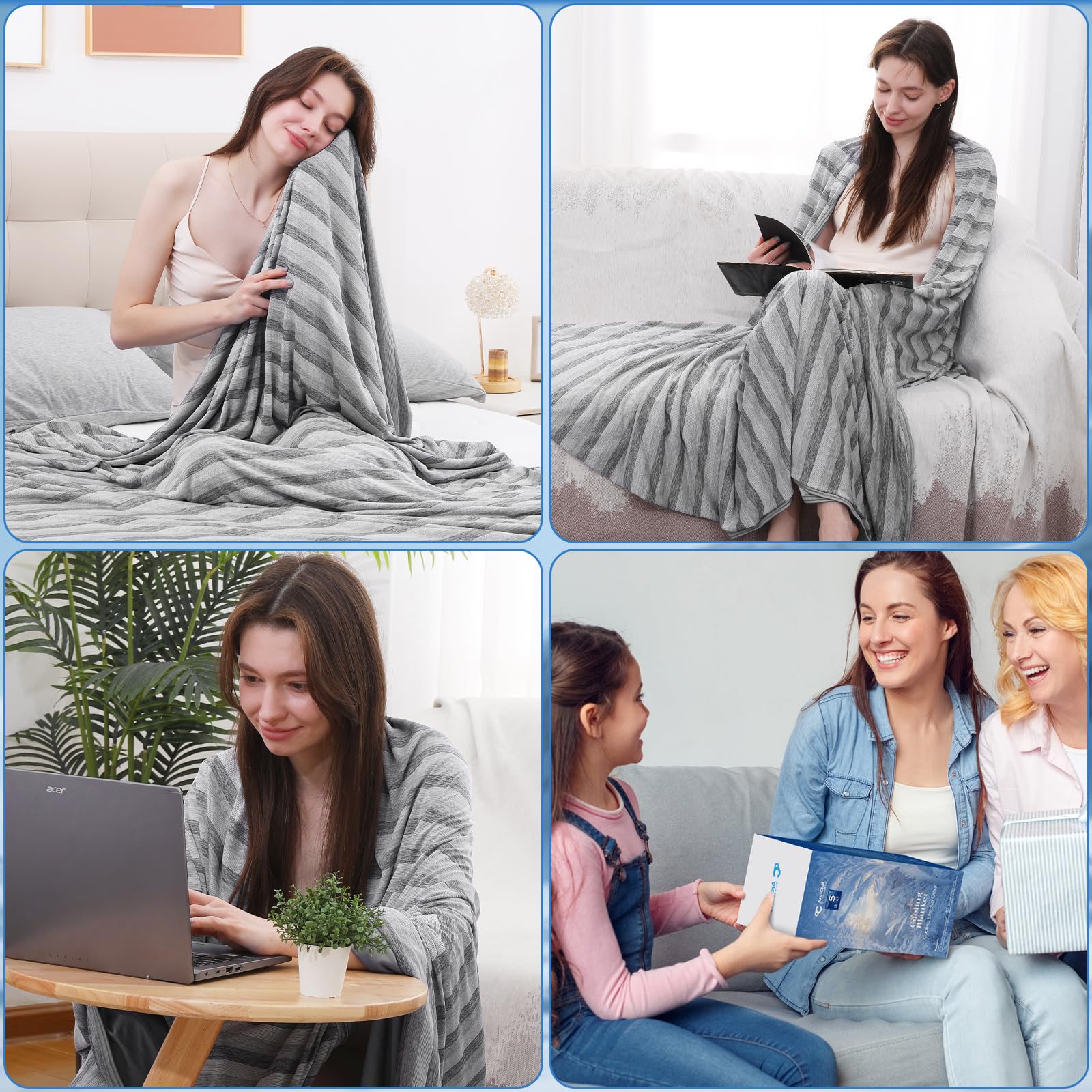 Elegear Dual Sided Cooling Blanket - Striped Design, Arc Chill Q Max > 0.5, Grey - Perfect for Hot Sleepers & Summer Nights