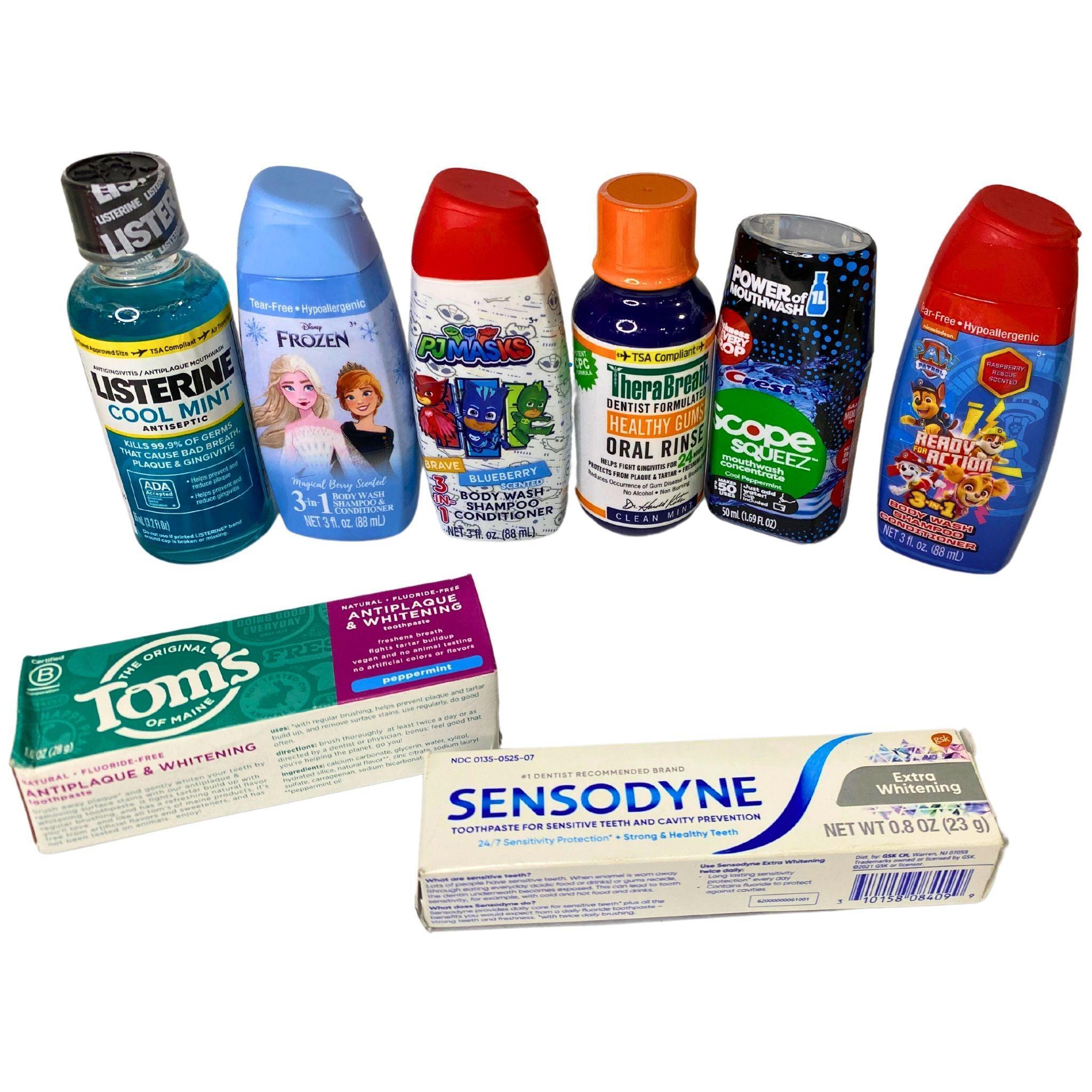 Minis Mix 3-in-1 Body Wash, Shampoo & Conditioner Set with Mouthwash & Toothpaste - 65 Pcs Travel Size Toiletries for Kids | Perfect for Travel, School, and Birthday Party Favors