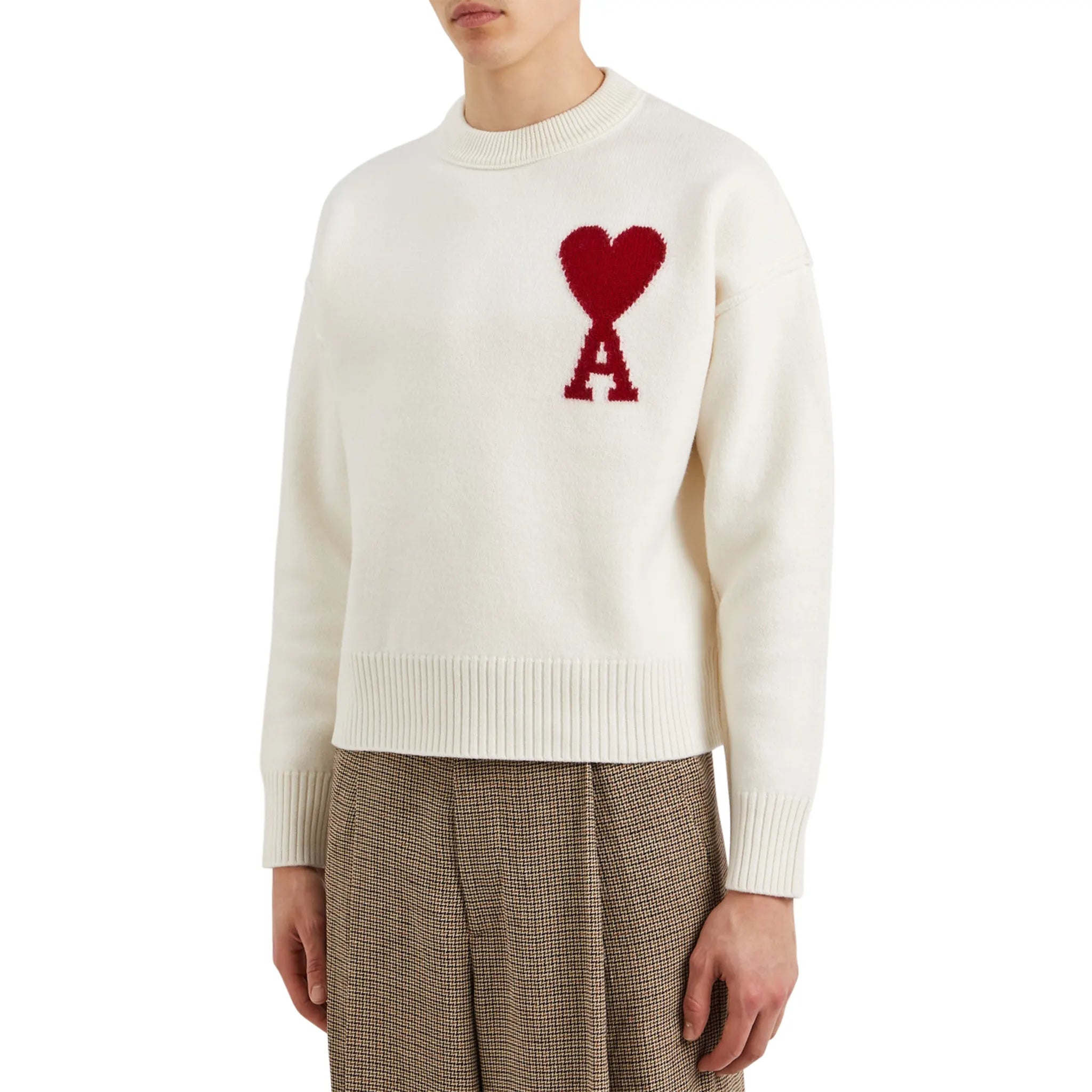Ami Paris Red Ami De Coeur Logo Intarsia Off White Sweatshirt - Stylish Casual Pullover for Men & Women | Perfect for Streetwear, Date Night & Everyday Outfits