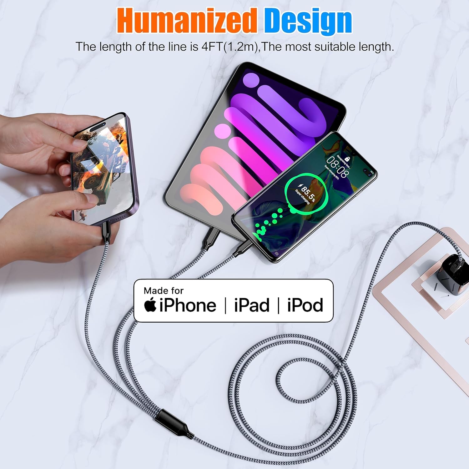 4ft 2-Pack MFi Certified 3-in-1 Nylon Braided Charging Cable - Fast Charging USB C/Lightning/Micro USB Cable for iPhone, iPad, Tablet | Perfect for Home, Office & Travel Charging