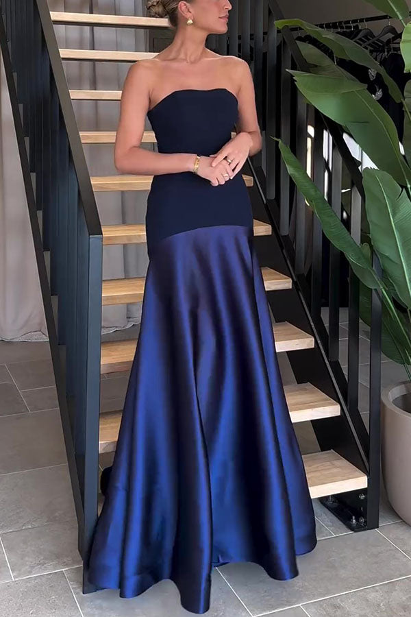 Timeless Elegance Satin Patchwork Strapless Flare Gown Maxi Dress for Women | Formal Evening Gown for Prom, Wedding, Red Carpet Events