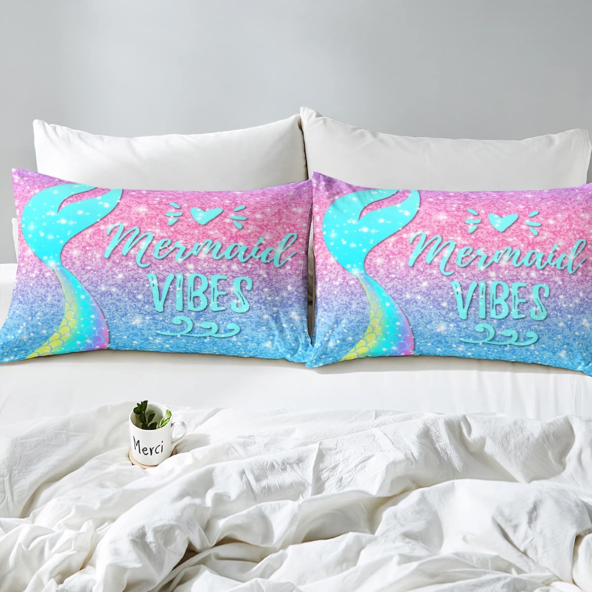 **Mermaid Bed Sheet Set Queen - Glitter Galaxy Rainbow Mermaid Scales Bedding for Kids, Girls & Women - Pink Blue Pastel Sequins Kawaii Ocean Coastal Animal Fitted & Flat Sheet 4 Pcs - Perfect for Kids' Rooms, Themed Bedrooms & Coastal Decor**