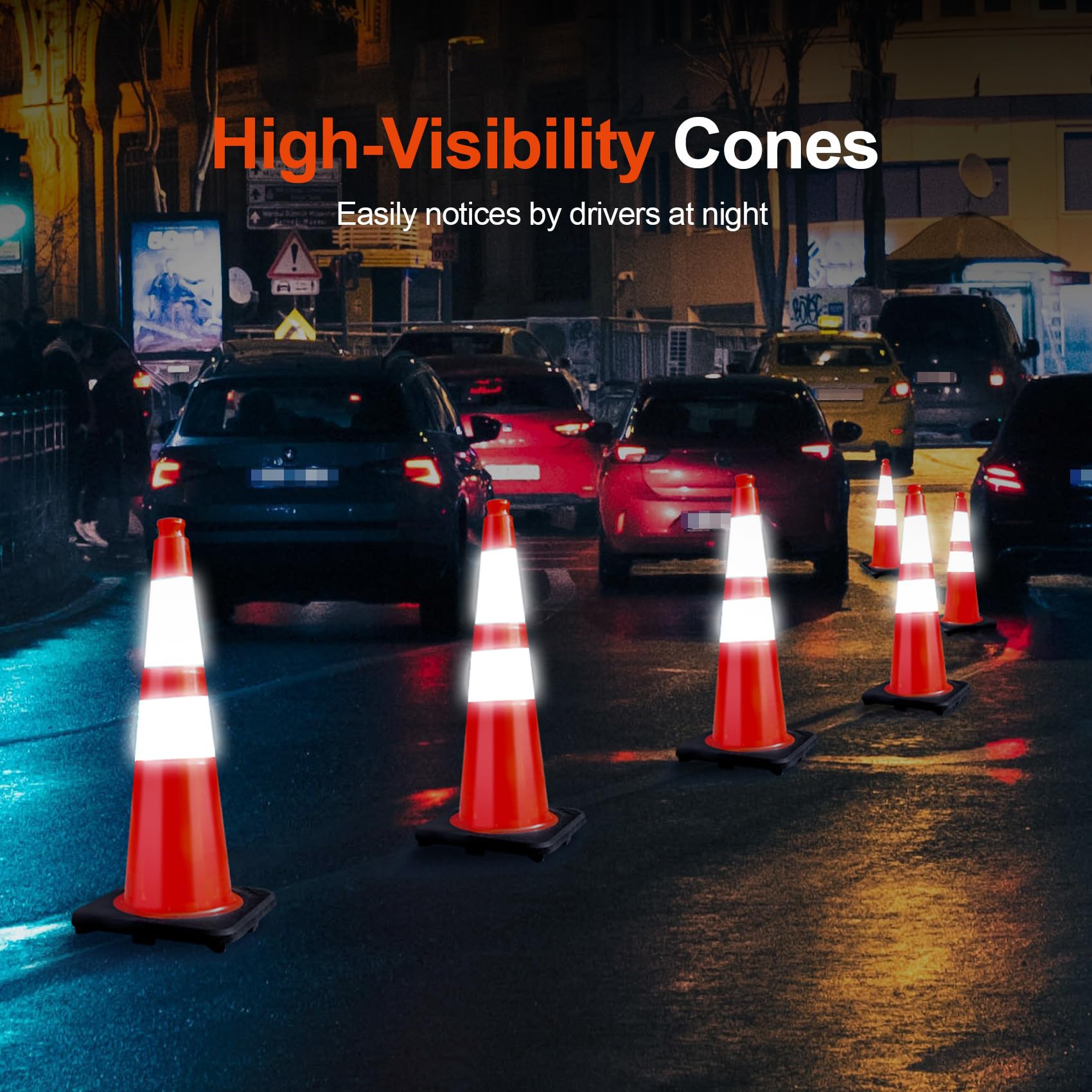 28 Inch Heavy Duty Orange Traffic Cones with Reflective Collars - 6 Pack Safety Cones for Road Construction, Parking Lot Control & Driveway Safety - Durable Black Base for Enhanced Visibility