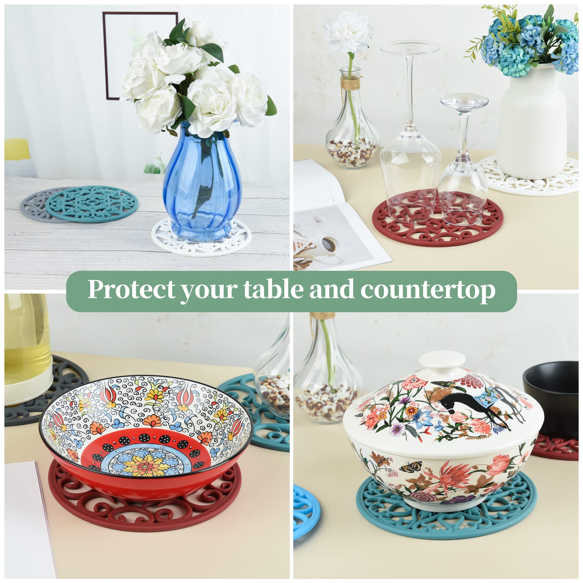 Premium Silicone Hot Pads & Trivets for Kitchen - Heat Resistant Pot Holders, Countertop Protectors for Hot Pots, Pans & Dishes - Set of 6 White Non-Slip Mats (Perfect for Dining Tables, Quartz Countertops & Kitchen Islands)