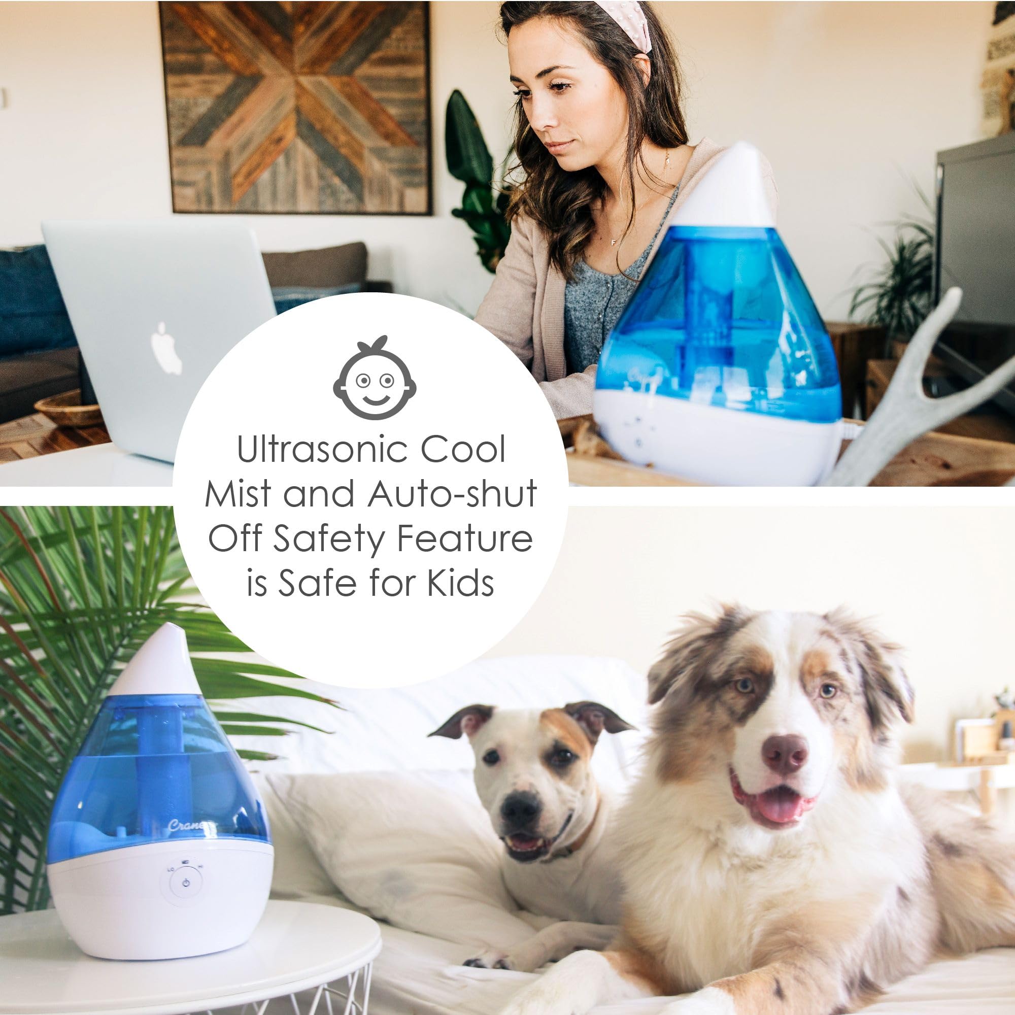 Crane Droplet Ultrasonic Cool Mist Humidifier - 0.5 Gallon Quiet Air Humidifier for Bedroom, Office & Nursery - Blue & White Design - Perfect for Dry Air Relief, Better Sleep & Allergy Relief