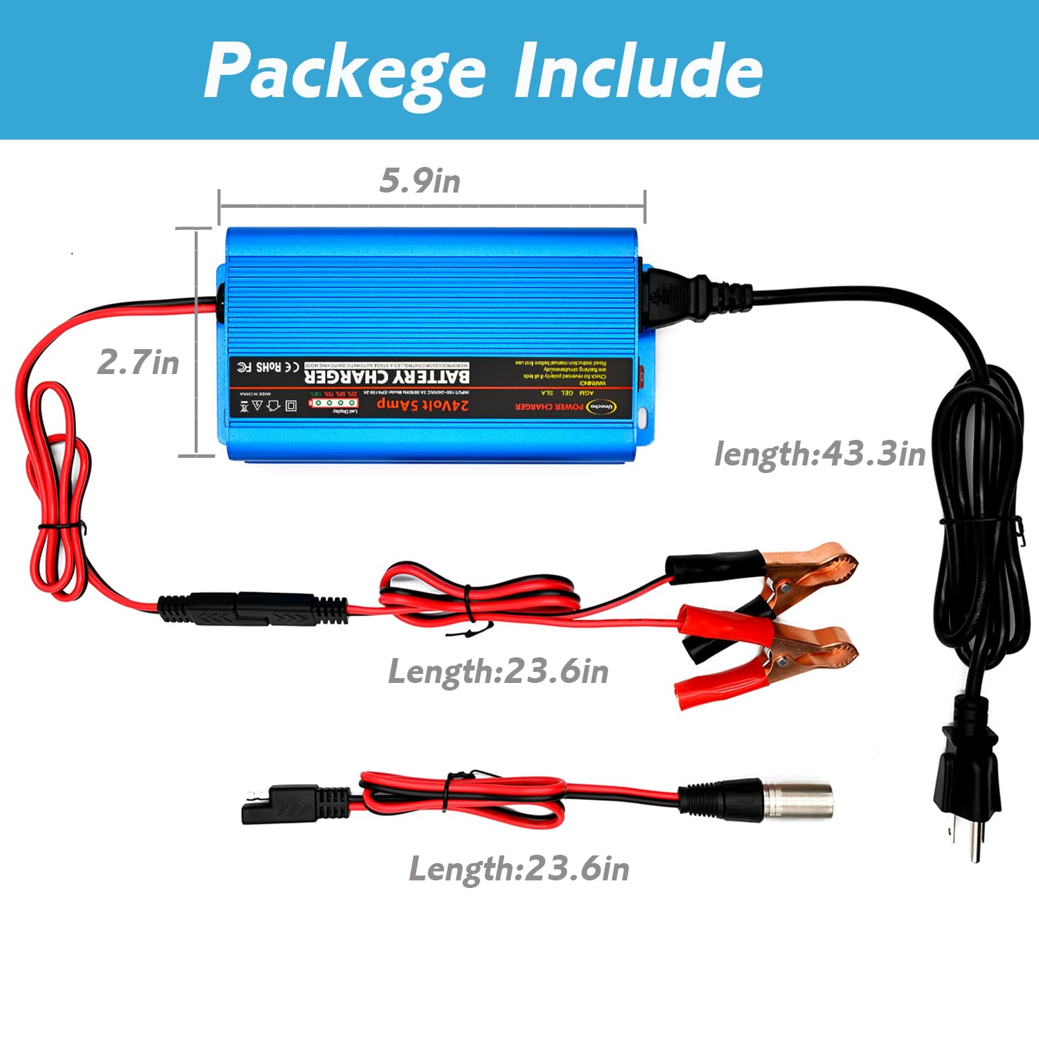 Unocho 24V Smart Automatic Battery Charger - 5A Car Battery Maintainer with Trickle Charge, 3-Pin XLR & Alligator Clips, I/O Switch - Perfect for Cars, Motorcycles, Boats & RVs