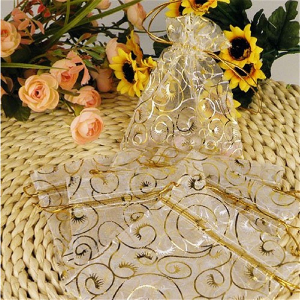 100PCS Mini Sheer Organza Bags - 4x4.72 Inch Gold Drawstring Gift Bags for Wedding Favors, Jewelry, Candy & Party Decorations - Elegant Favor Bags for Bridal Showers, Baby Showers & Special Events