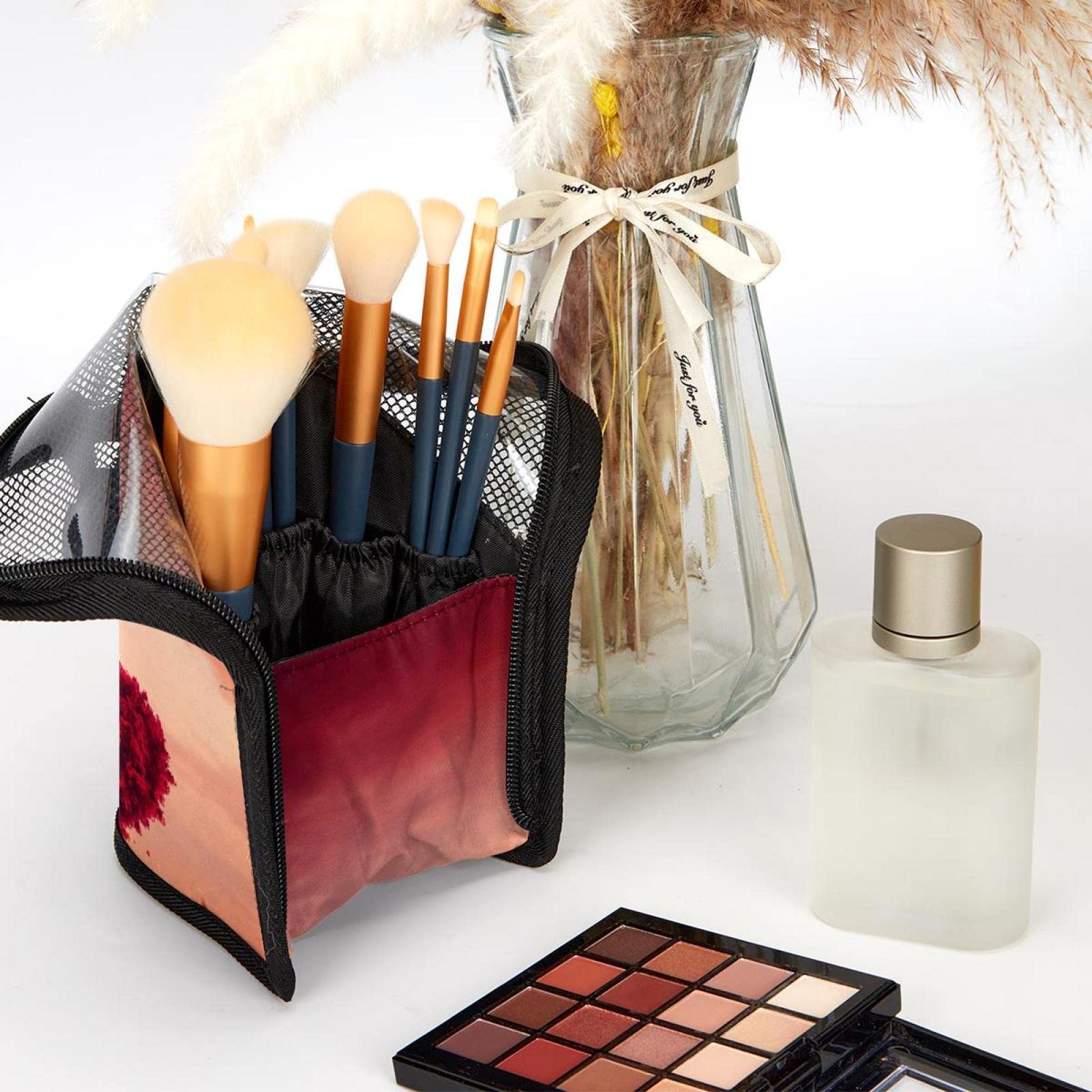 12-Piece Makeup Brush Organizer Bag with Heart Love Tree Design - Portable Makeup Brush Holder Case for Travel & Valentines Day Gifts - Perfect for Makeup Artists, Home Storage & On-the-Go Beauty Essentials