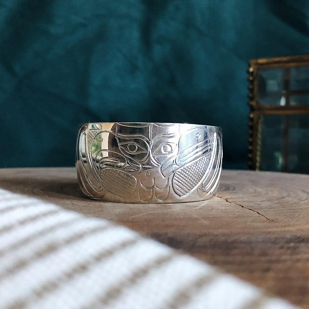 Extra Wide Silver Totem Cuff Bracelet with Raven & Eagle Design - Native American Inspired Jewelry for Women, Perfect for Boho Fashion, Festival Outfits and Spiritual Ceremonies