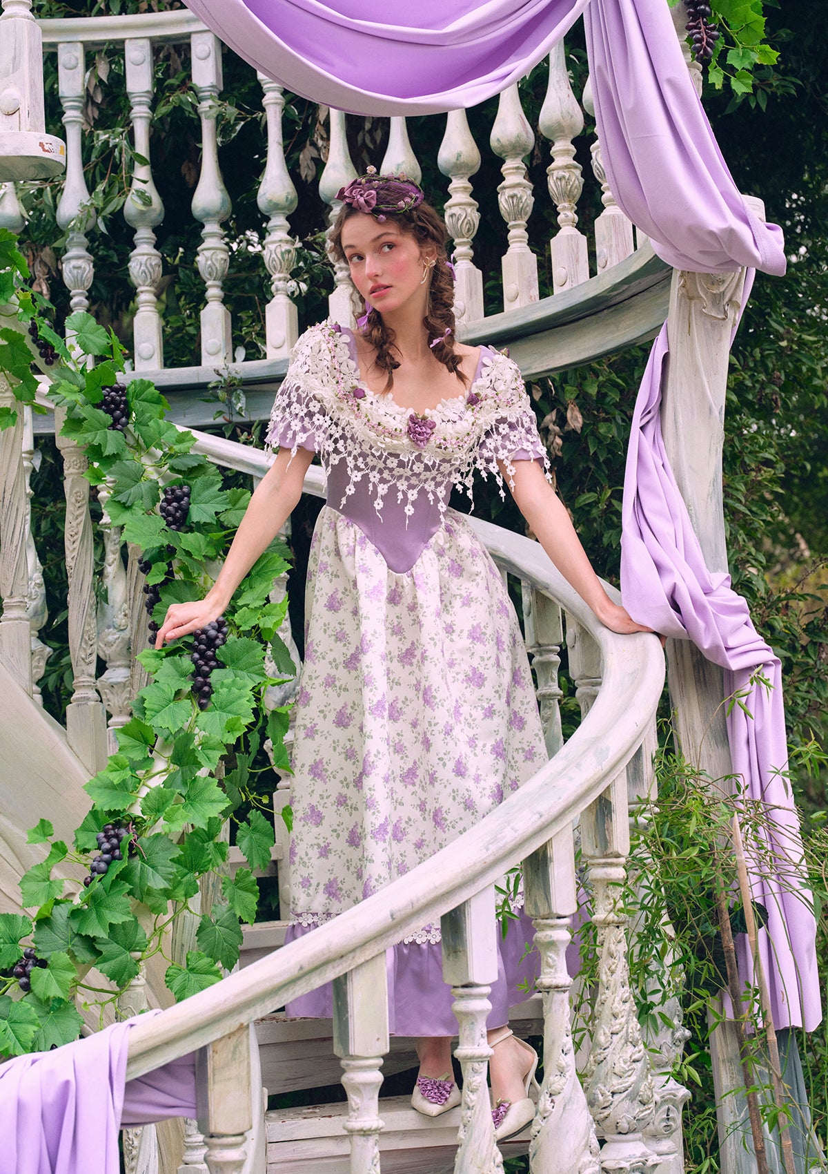 Elegant Purple Jacquard Corset Dress with Vine Design - Perfect for Evening Parties, Weddings & Special Occasions