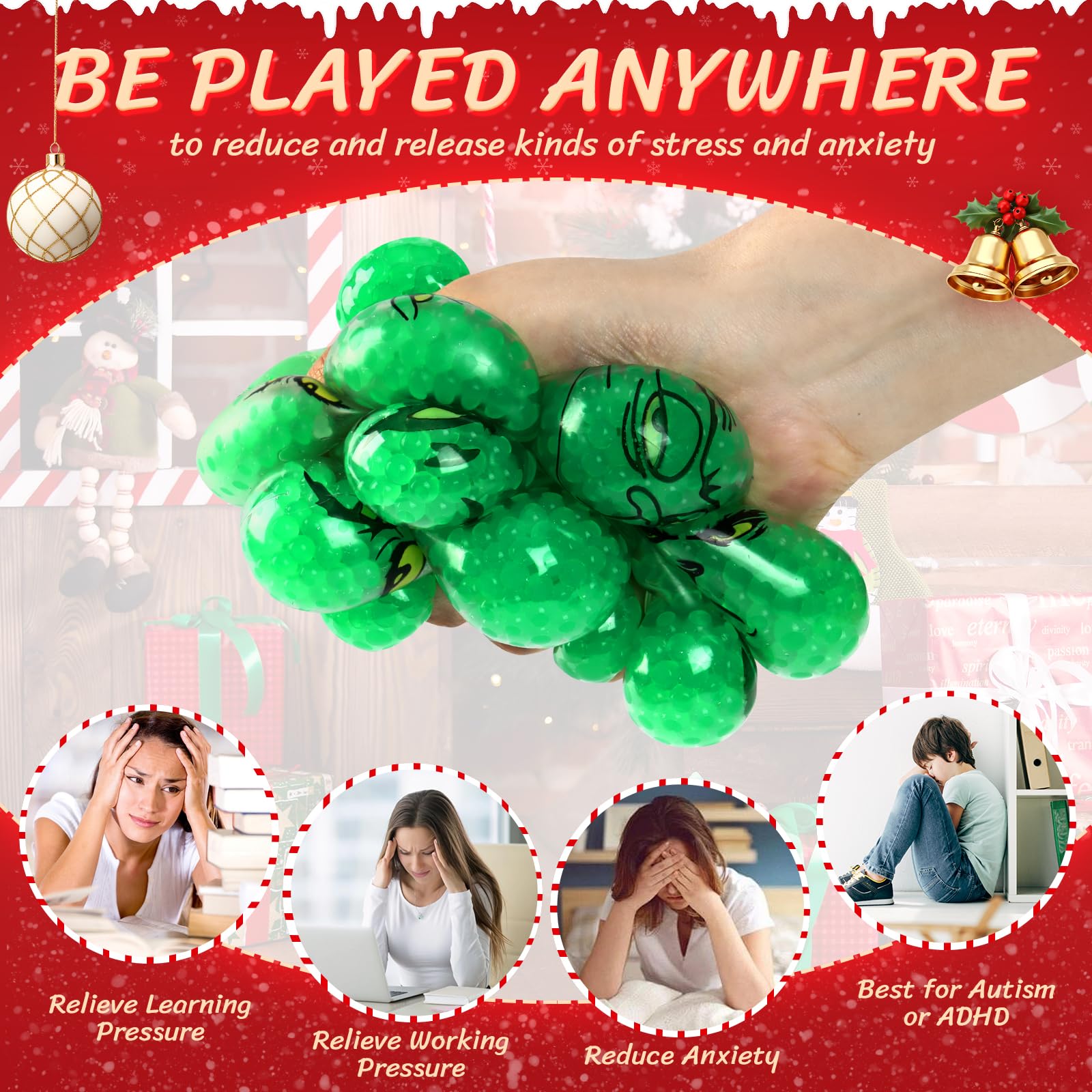 12PCS Christmas Squishy Fidget Stress Ball Toys - Mini Green Monster Bulk Sensory Stress Relief for Kids & Adults, Perfect for Stocking Stuffers, Party Favors, Advent Calendar Fillers, Classroom Rewards, and Office Desk Toys