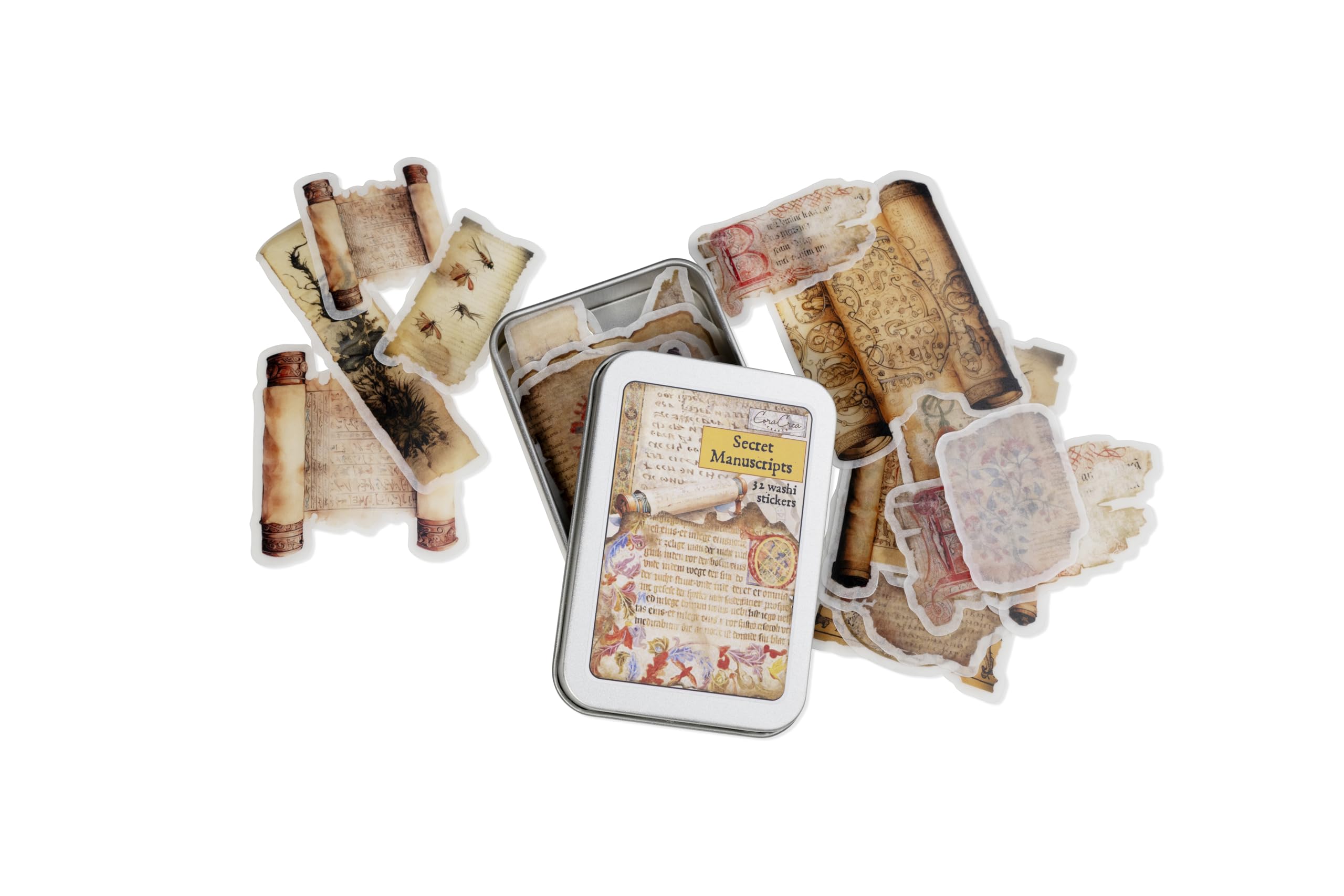 Vintage Journal Stickers Set with Tin Box - 32 Unique Washi Stickers for Scrapbooking, Bullet Journals, Planners & DIY Crafts - Perfect for Adults, Teens & Kids - Secret Manuscripts Design - Great for Gift Giving, Memory Keeping & Creative Projects