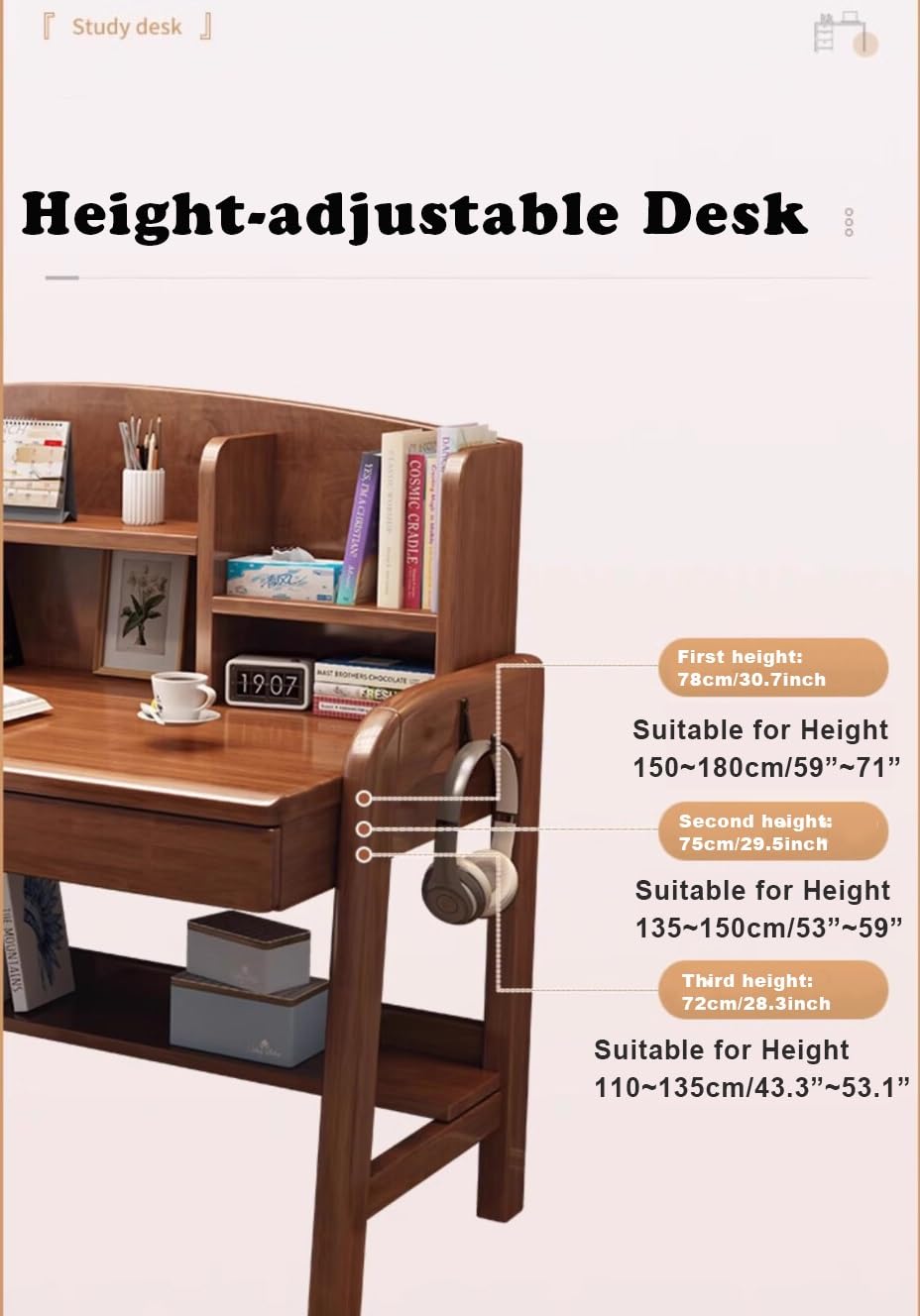 Solid Wood Kids Desk with Drawers & Bookshelf - Adjustable Height Study Desk for Children & Adults - Multi-Functional Home Office Computer Desk with Hooks - Perfect for Homeschooling, Remote Work & Study (Brown)