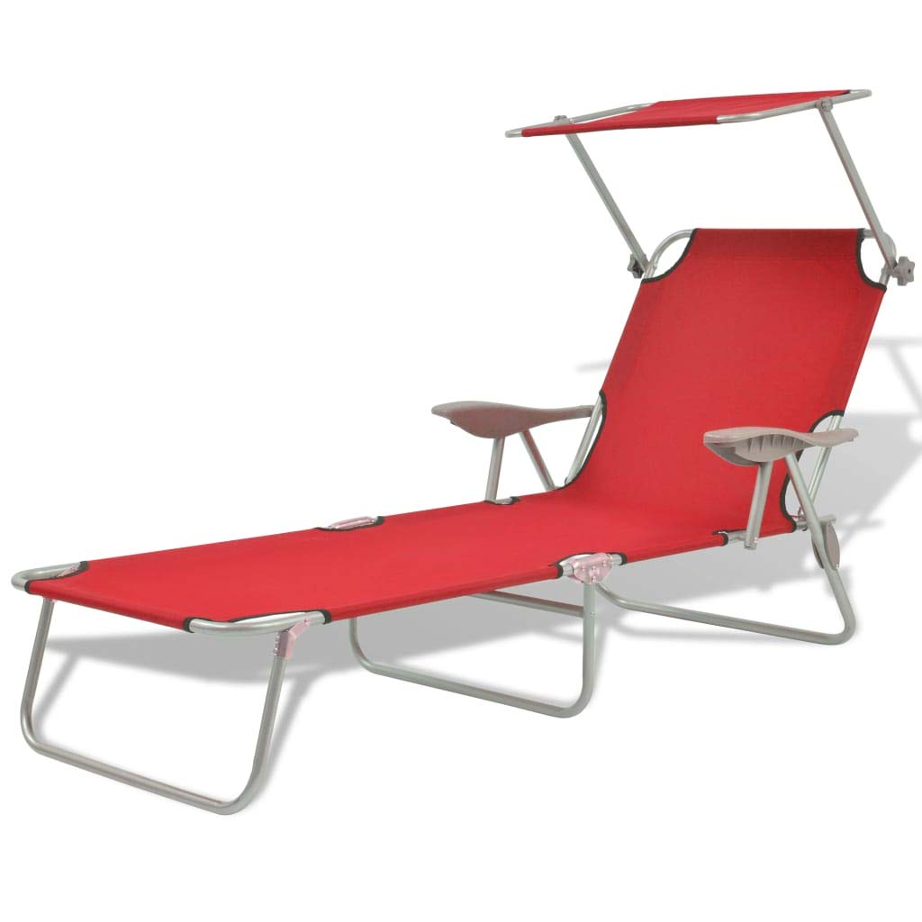 Portable Folding Sun Lounger Chair with Adjustable Canopy - Steel Frame Outdoor Patio, Garden, Beach & Camping Lounge Chair - Perfect for Relaxing, Sunbathing & Poolside Use (Red)