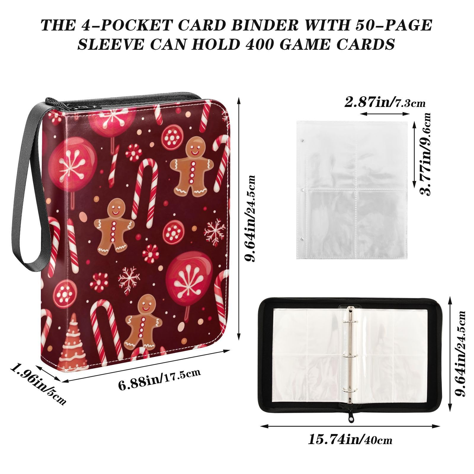Christmas Gingerbread Man Red 4-Pocket Trading Card Binder - Holds 400 Cards with 50 Sleeves, 3-Ring Zip Closure | Perfect for Sports Cards, Game Collectibles & Photo Storage | Great for Collectors, Tournaments & Gift-Giving