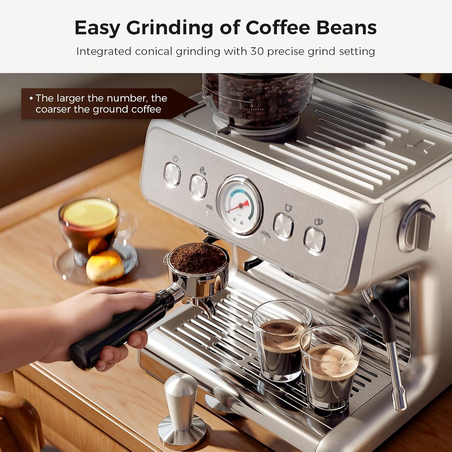 Kismile 20 Bar Professional Espresso Machine with Built-in Grinder & Milk Frother - Automatic Coffee Maker for Home, Latte & Cappuccino - Removable Water Tank, Stainless Steel - Perfect for Morning Brews & Entertaining Guests