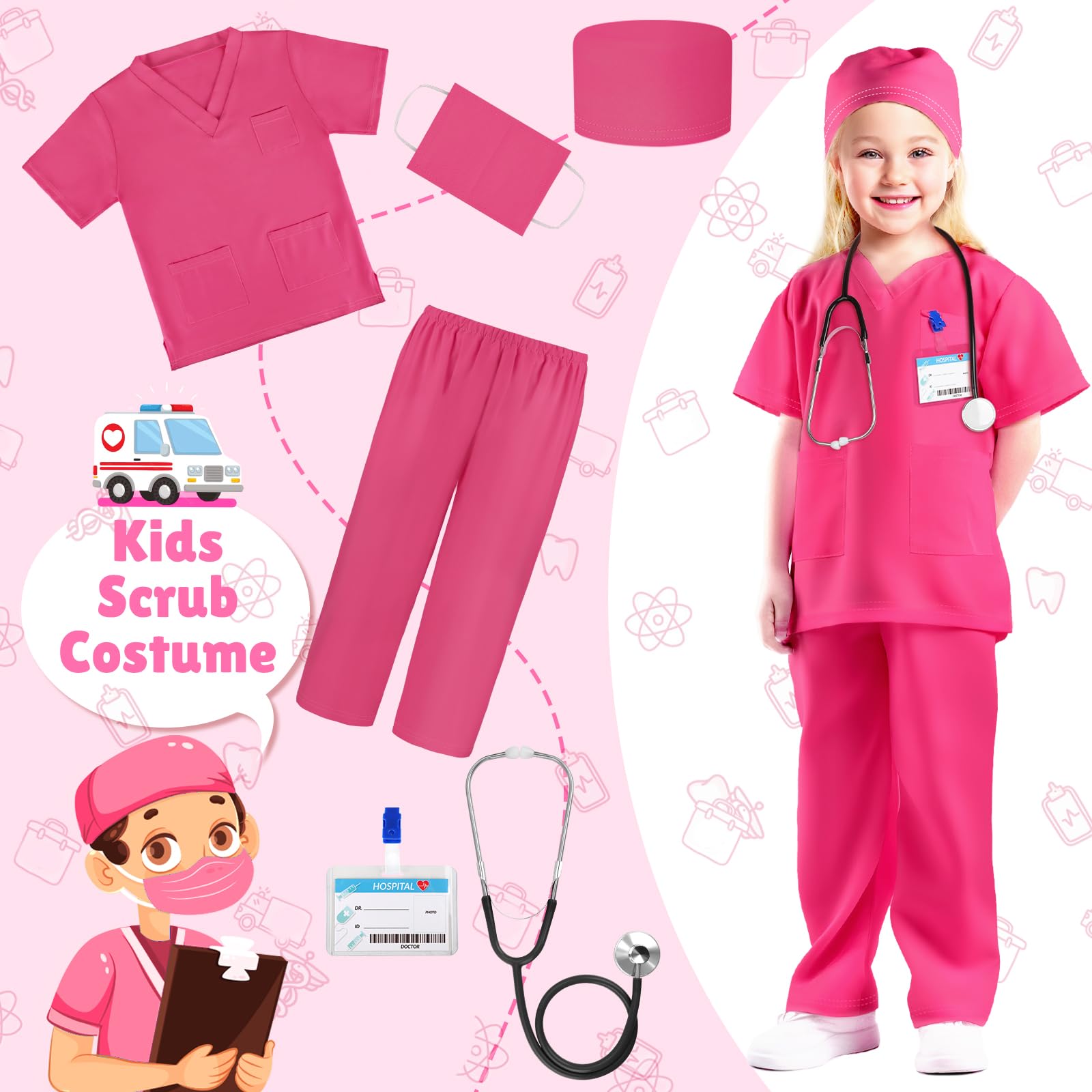 Kids Doctor Costume Set with Scrubs & Accessories - Halloween Dress Up for Toddlers & Children | Pretend Play, Role Play, Halloween Party Costume