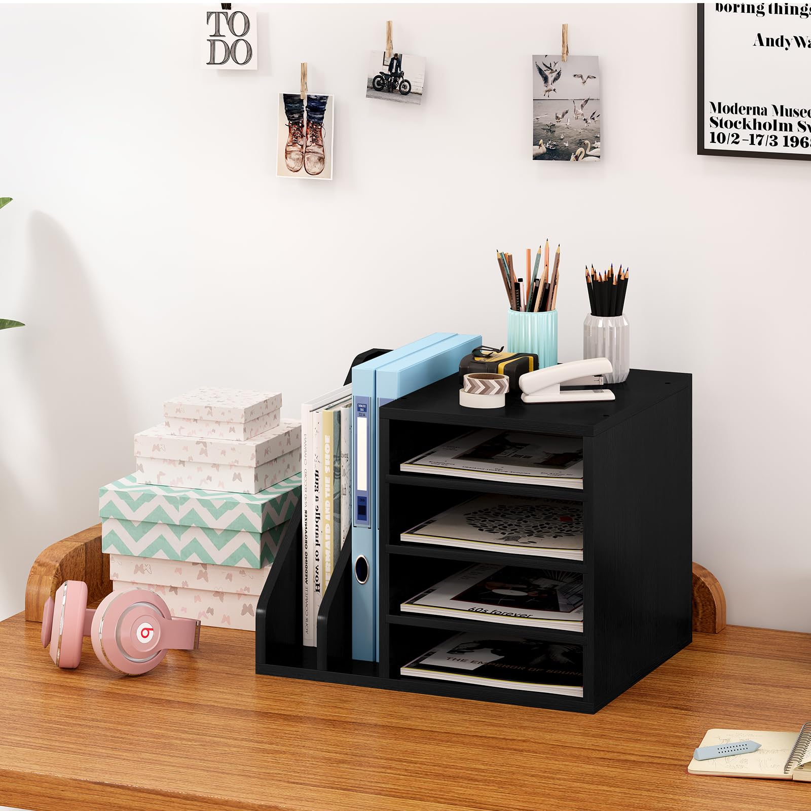 Wooden File Holder with Adjustable Compartments - Desktop Mail & Paper Organizer for Home Office School - Black Envelope Sorter & Document Organizer - Perfect for Bills, Letters, Office Supplies & Mail Sorting