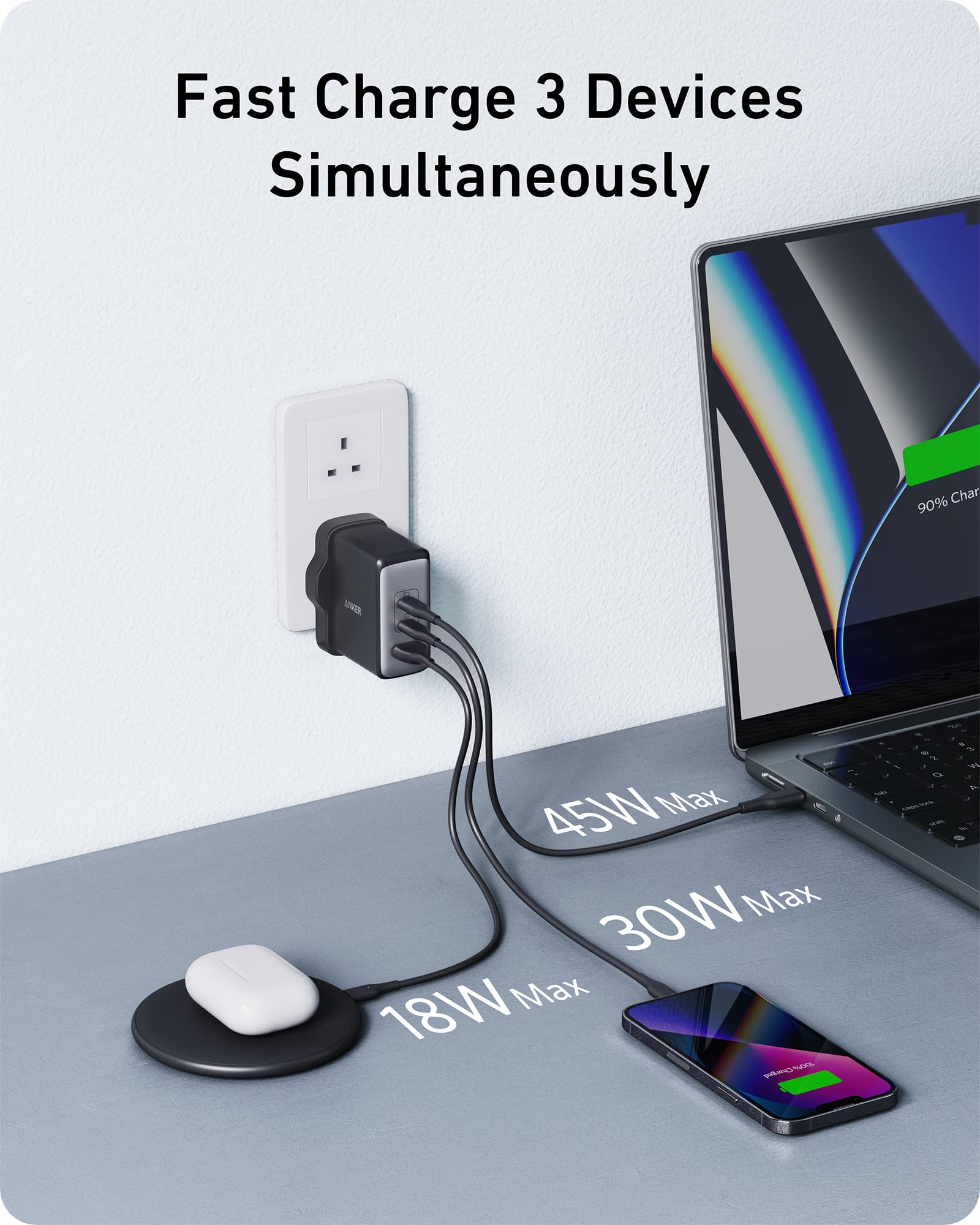 Anker 100W USB C Fast Charger, 736 Nano II 3-Port Compact Wall Charger for MacBook Pro/Air, Dell XPS, iPad Pro, Galaxy S23/S22, iPhone 16/15 Series - Perfect for Travel, Office & Home Charging