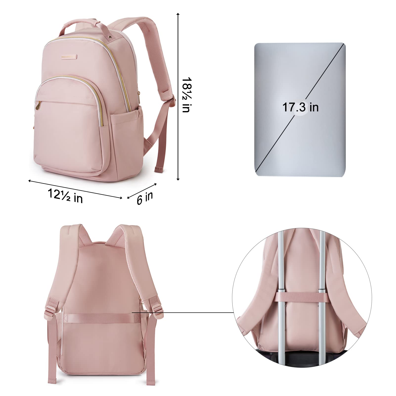 Lightweight Laptop Backpack for Women - 17.3 Inch Travel Backpack with USB Charging Port, Water Resistant College Bookbag for Work & School - Large Pink Backpack for Business Travel, Commuting & Daily Use