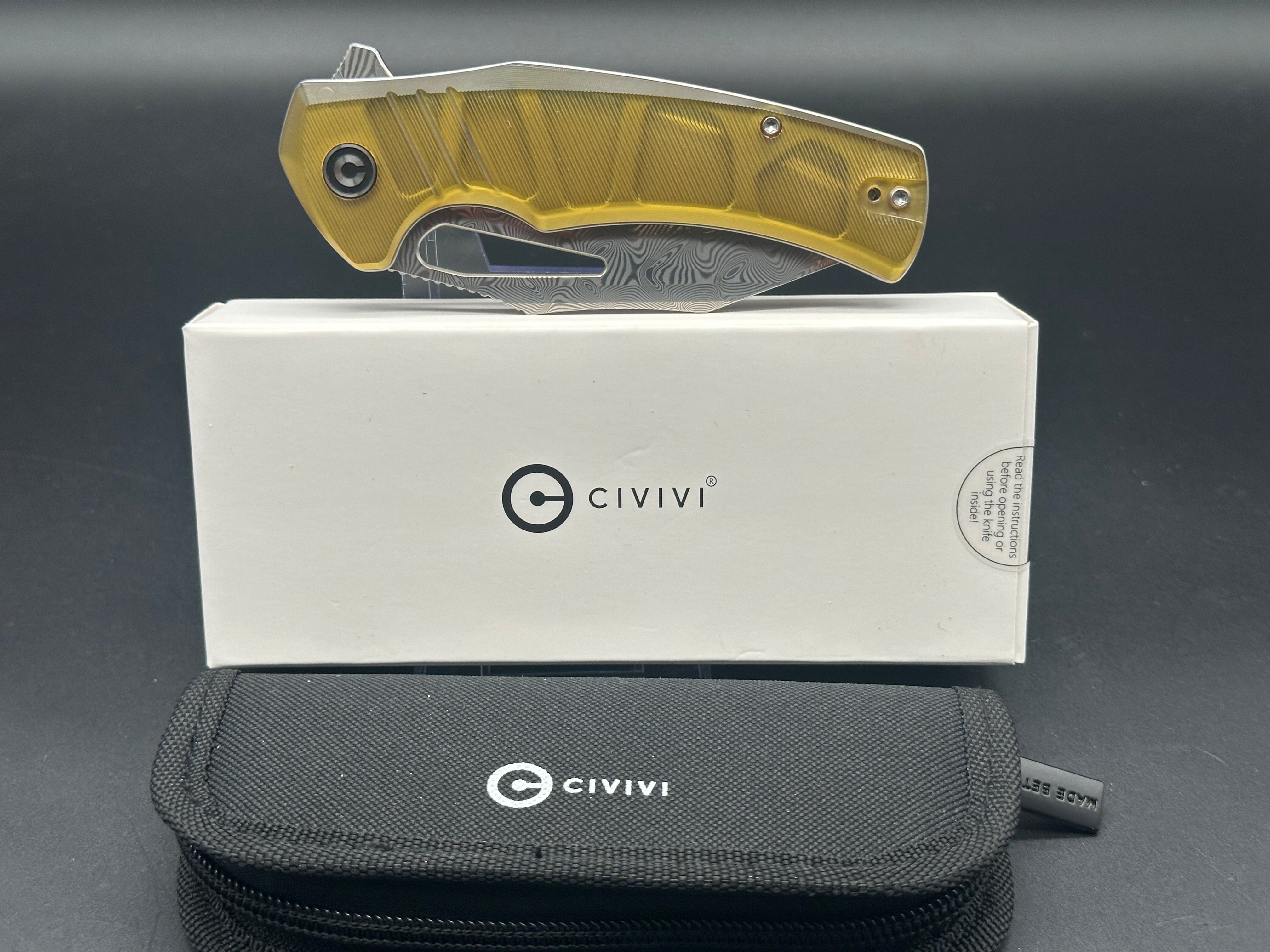 CIVIVI Bulltusk Folding Knife - Polished Ultem Handle, Damascus Steel Blade, Clip Point Design - Perfect for EDC, Outdoor Adventures, and Collectors