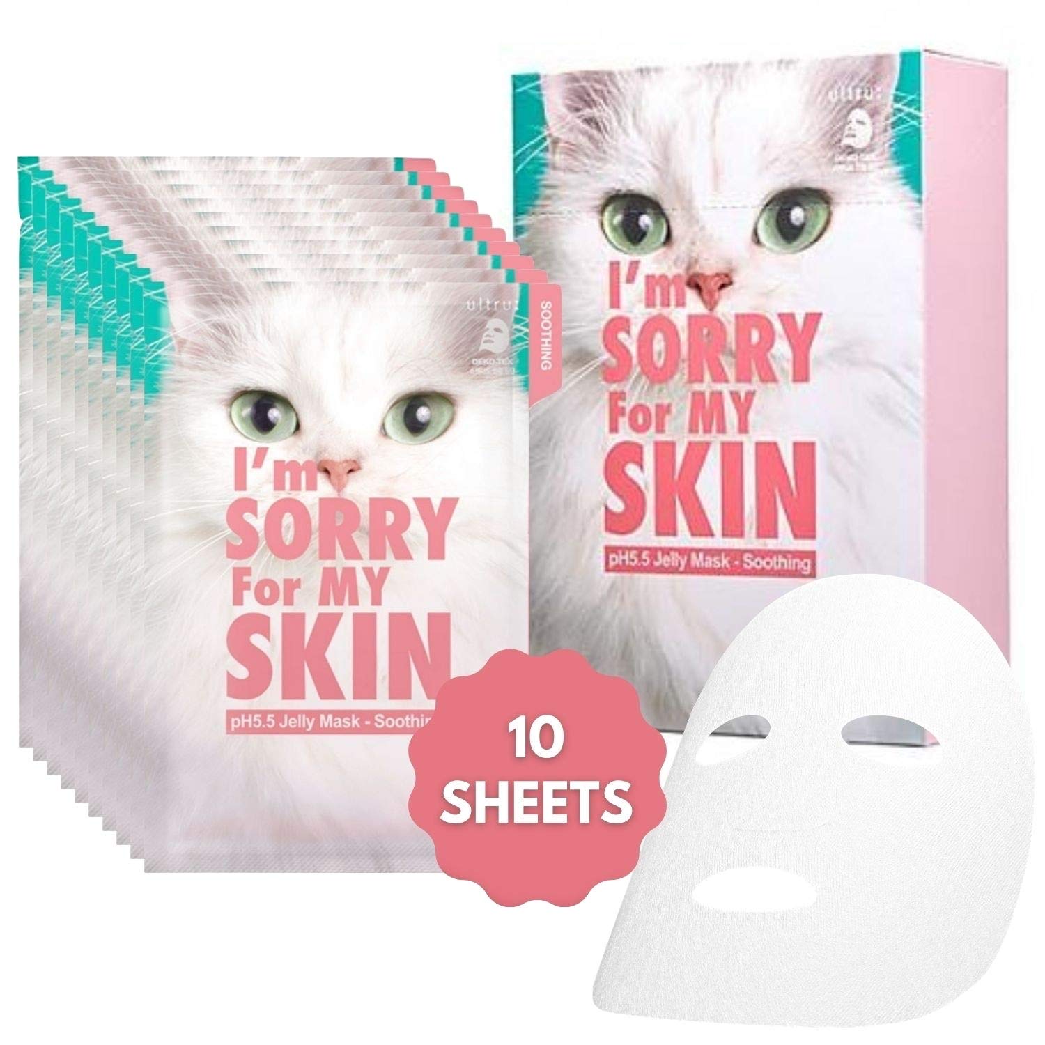 pH5.5 Jelly Face Mask Hydrating Skin Care Set - Korean Moisturizing Facial Sheet Masks for Women, 10 Pack (Soothing Cat Design) | Perfect for Self Care, Spa Day & Beauty Gifts