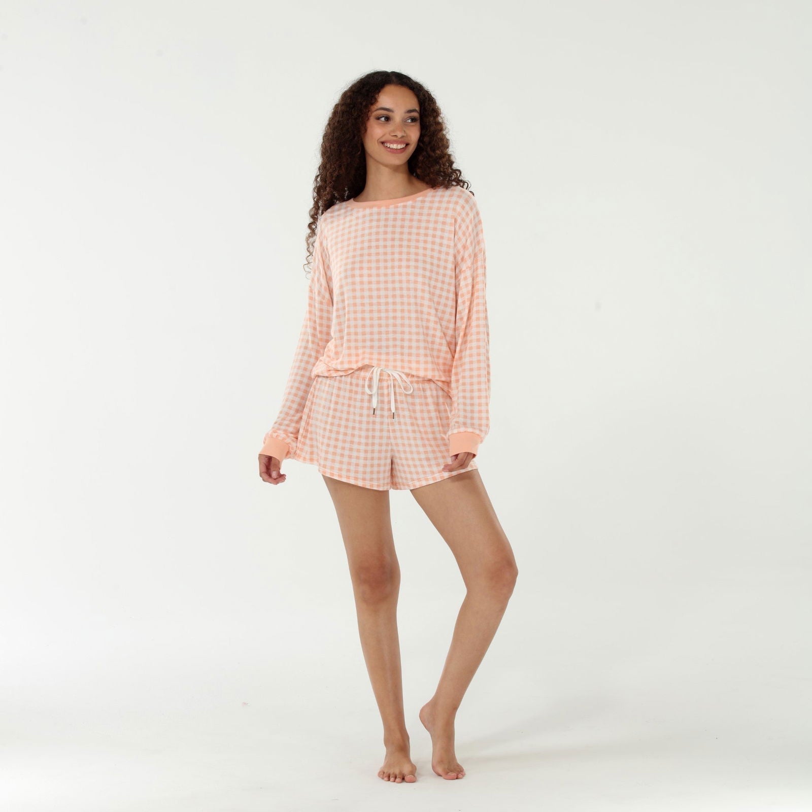 Star Seeker Long Sleeve Shortie Set In Apricot Gingham - Baby Girls' Matching Outfit for Photoshoot, Birthday Party & Family Gathering