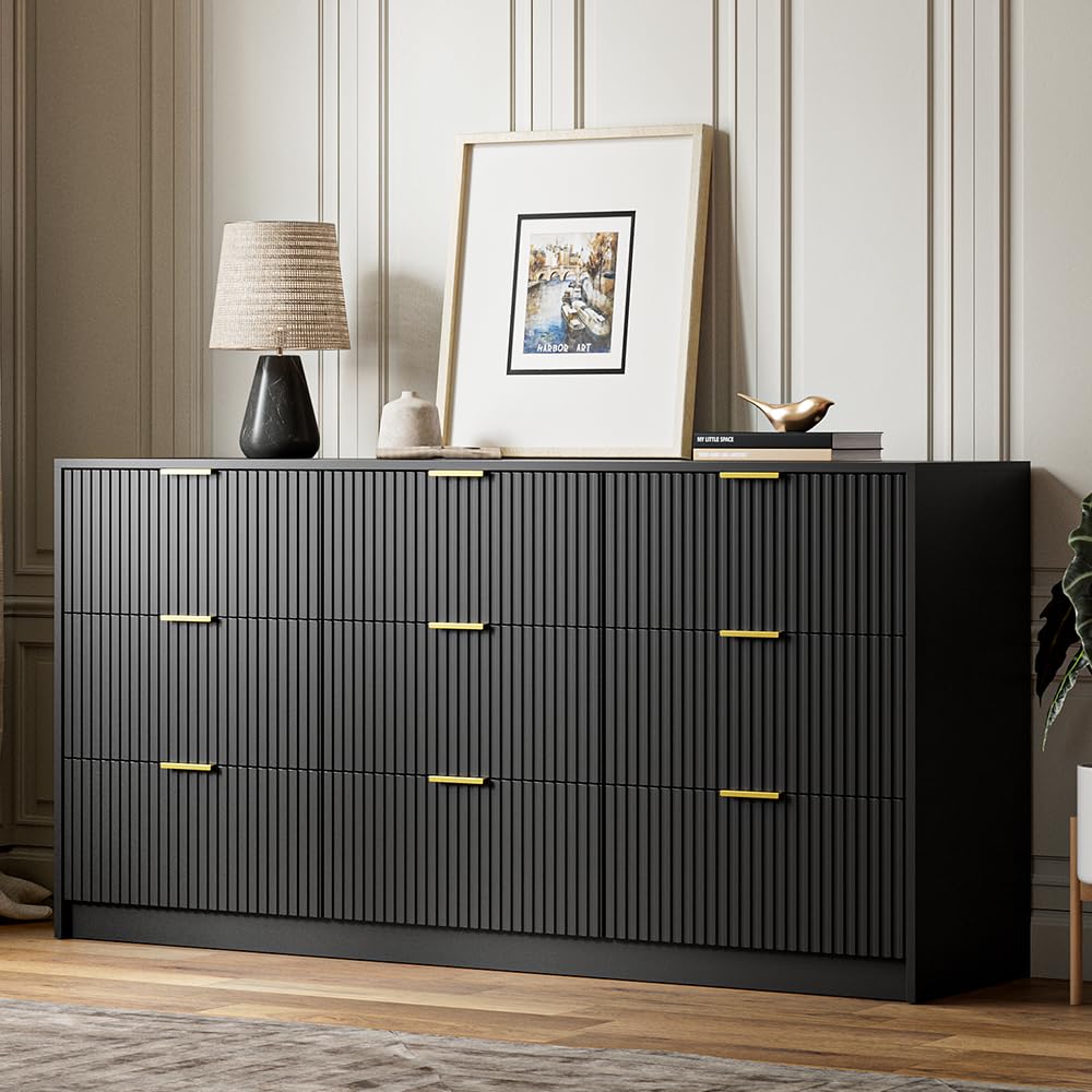 Modern 9-Drawer Double Dresser for Bedroom - Black Chest of Drawers with Spacious Storage (63