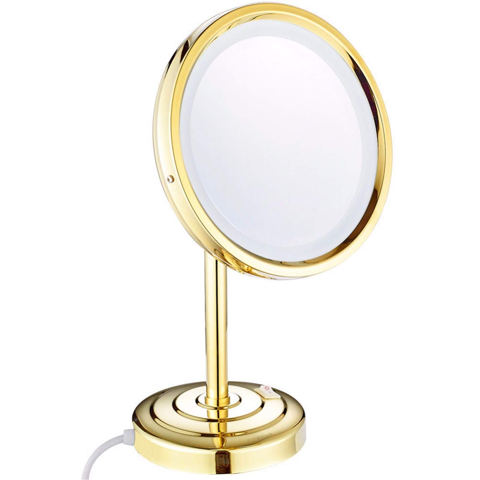 8 Inch Gold Standing LED Makeup Mirror with Light - 3X/5X/7X/10X Magnification, Brass Countertop Vanity Mirror with Touch Switch & Plug - Perfect for Shaving, Cosmetics & Grooming