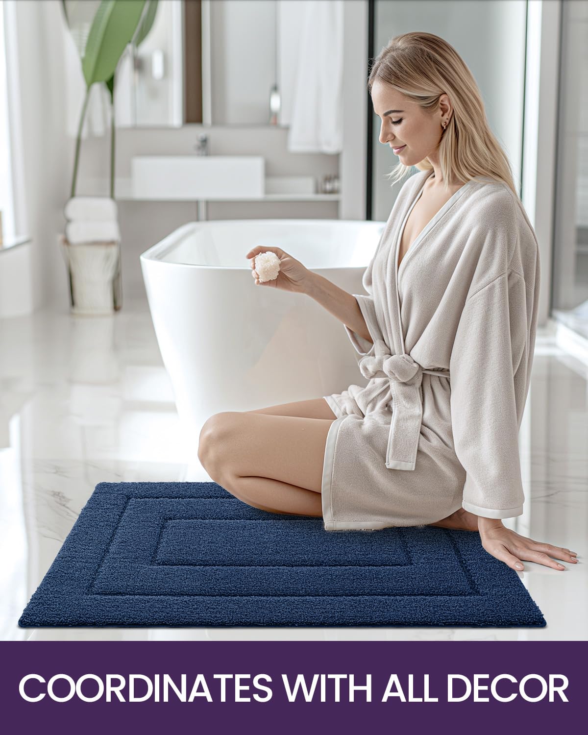 Non-Slip Bathroom Rug 32x20 Inch - Ultra Absorbent Quick Dry Bath Mat with Rubber Backing, Washable Microfiber Shower Floor Carpet for Bathroom Safety & Comfort - Perfect for Bathroom, Shower, and Spa Areas (Navy Blue)
