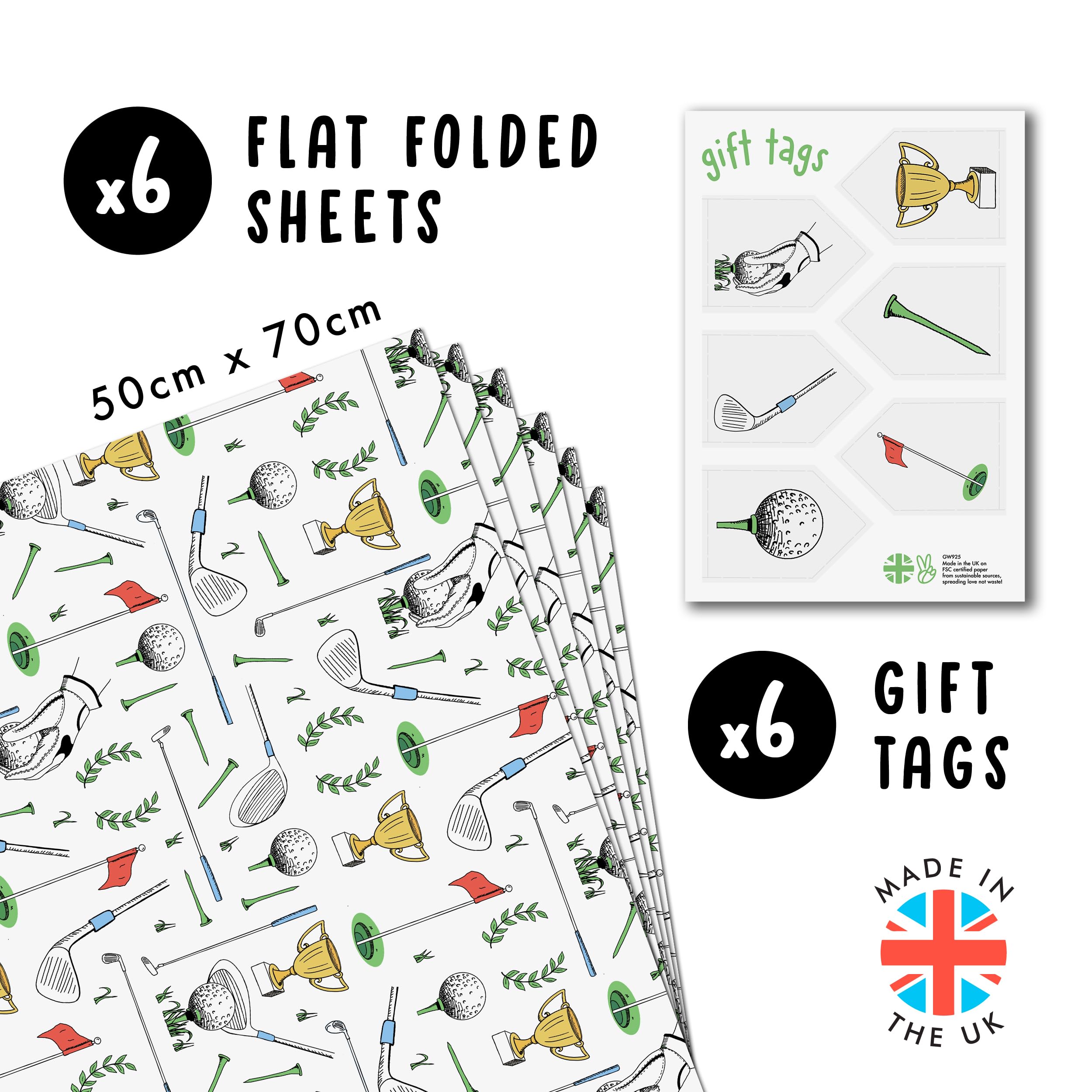 Premium Golf Wrapping Paper - 6 Recyclable White Sheets with Stickers | Perfect for Christmas Gifts, Birthday Presents for Men, Dad, Grandpa & Uncle | Golf-Themed Sports Club Gift Wrap for Golf Enthusiasts