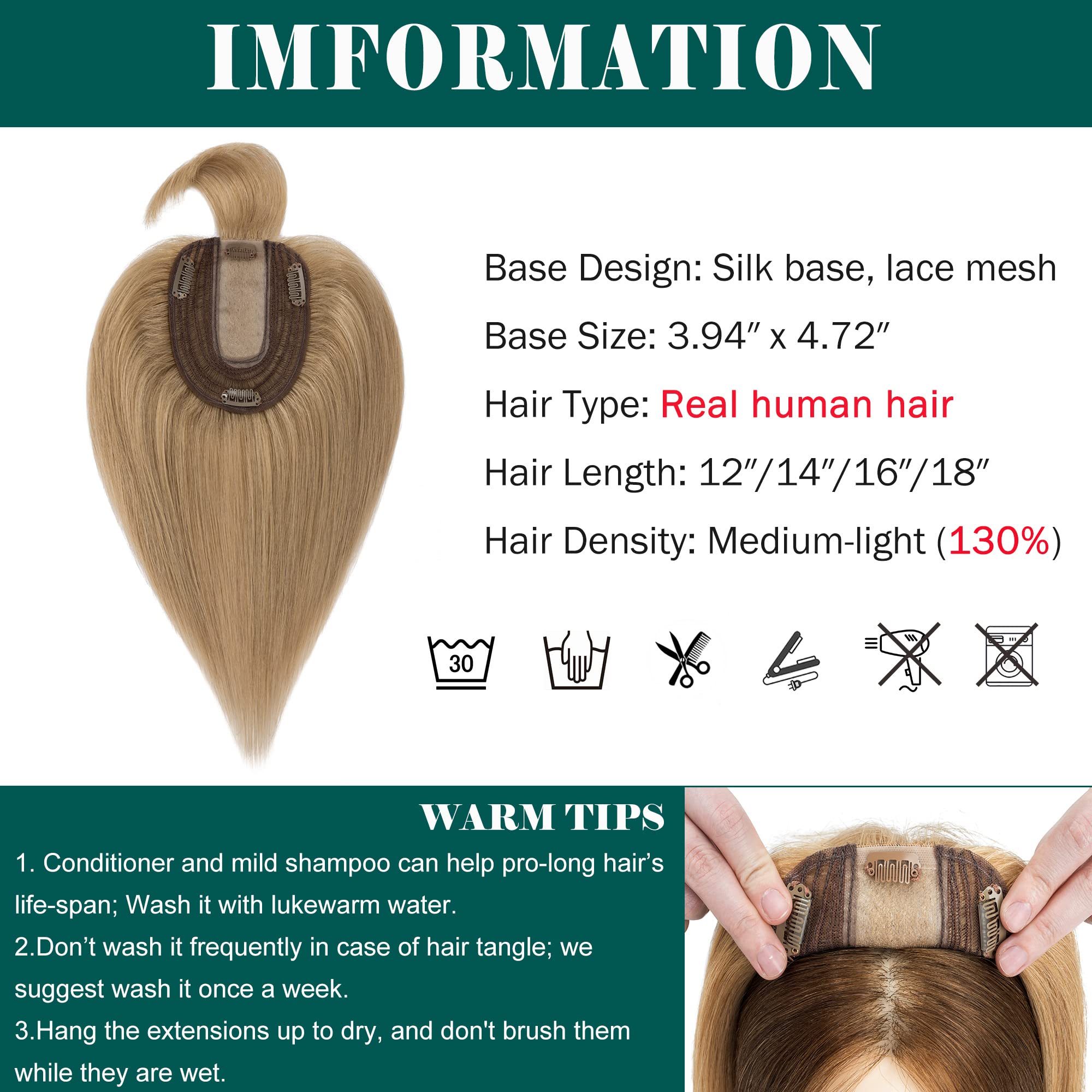 Premium 130% Density Human Hair Toppers with Bangs - Hand-Tied Silk Base Clip-In Hairpiece for Women with Thinning Hair & Hair Loss - Natural Gray Coverage - 14 Inch 45g Dark Blonde - Perfect for Daily Wear, Special Occasions & Hair Volume Enhancement