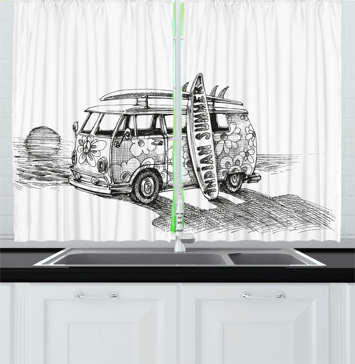 Ambesonne Vintage Surfing Car Beach Art Kitchen Curtains - 55