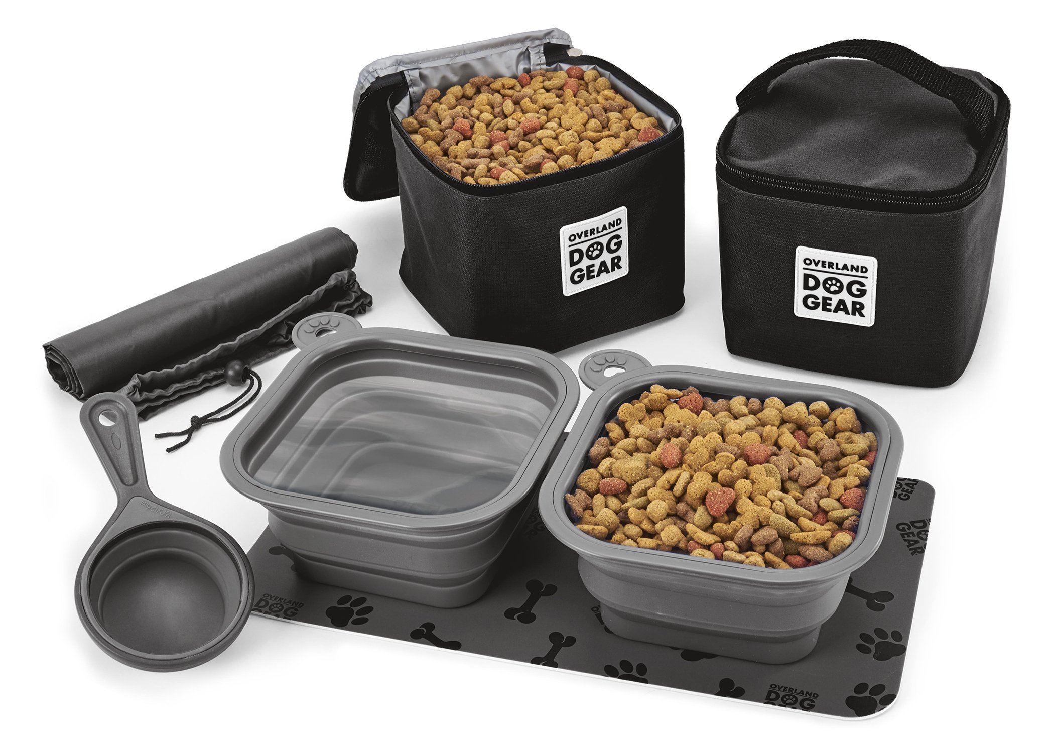 Premium Mobile Dog Gear - Dine Away Travel Bag for Medium & Large Dogs | Includes Lined Food Carriers, 2 Collapsible Bowls, Scooper & Placemat | Perfect for Road Trips, Camping & Outdoor Adventures (Black)
