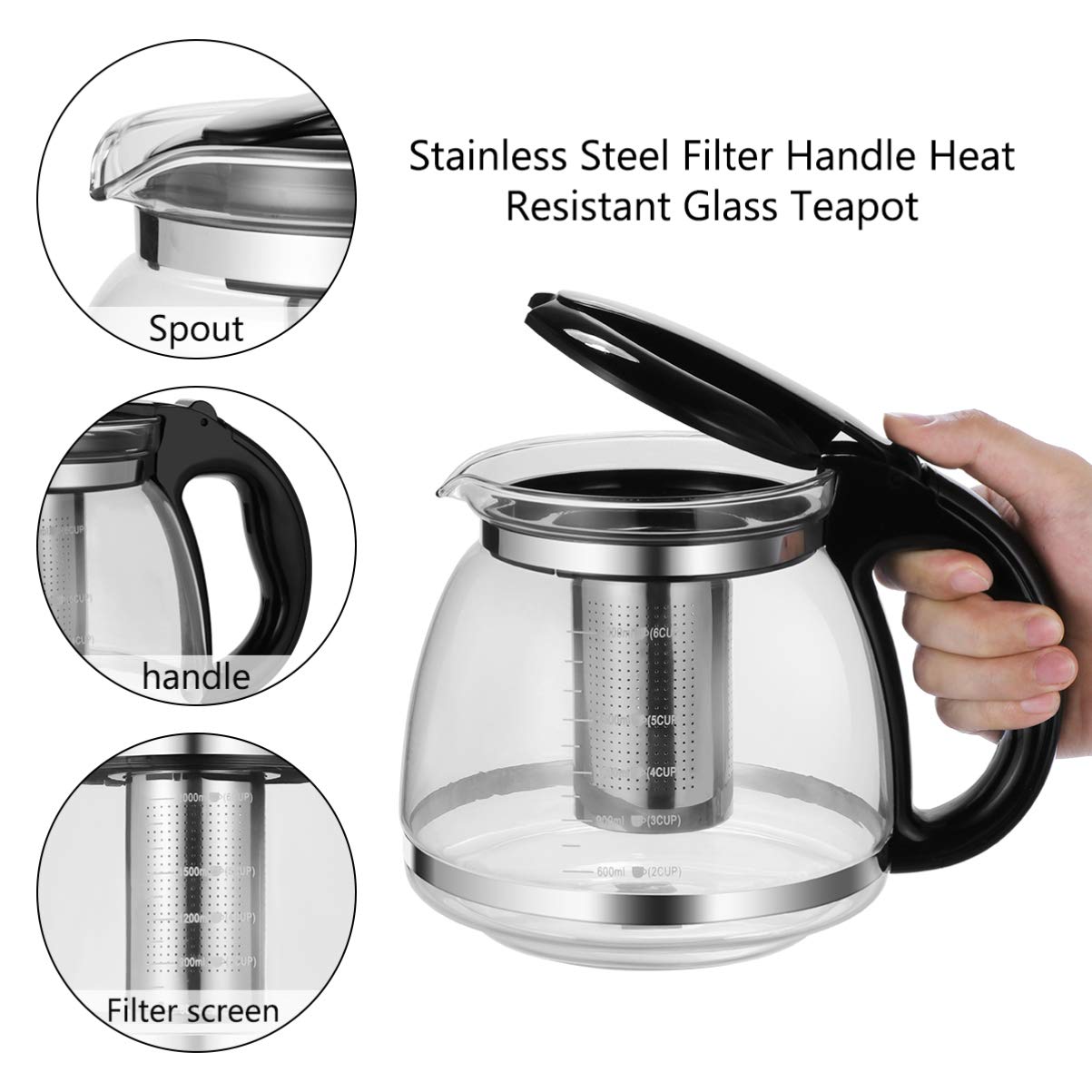 Premium Glass Teapot with Removable Stainless Steel Infuser - Stovetop Safe Loose Leaf Tea Maker - Ideal for Home, Office & Gift Giving (Black)
