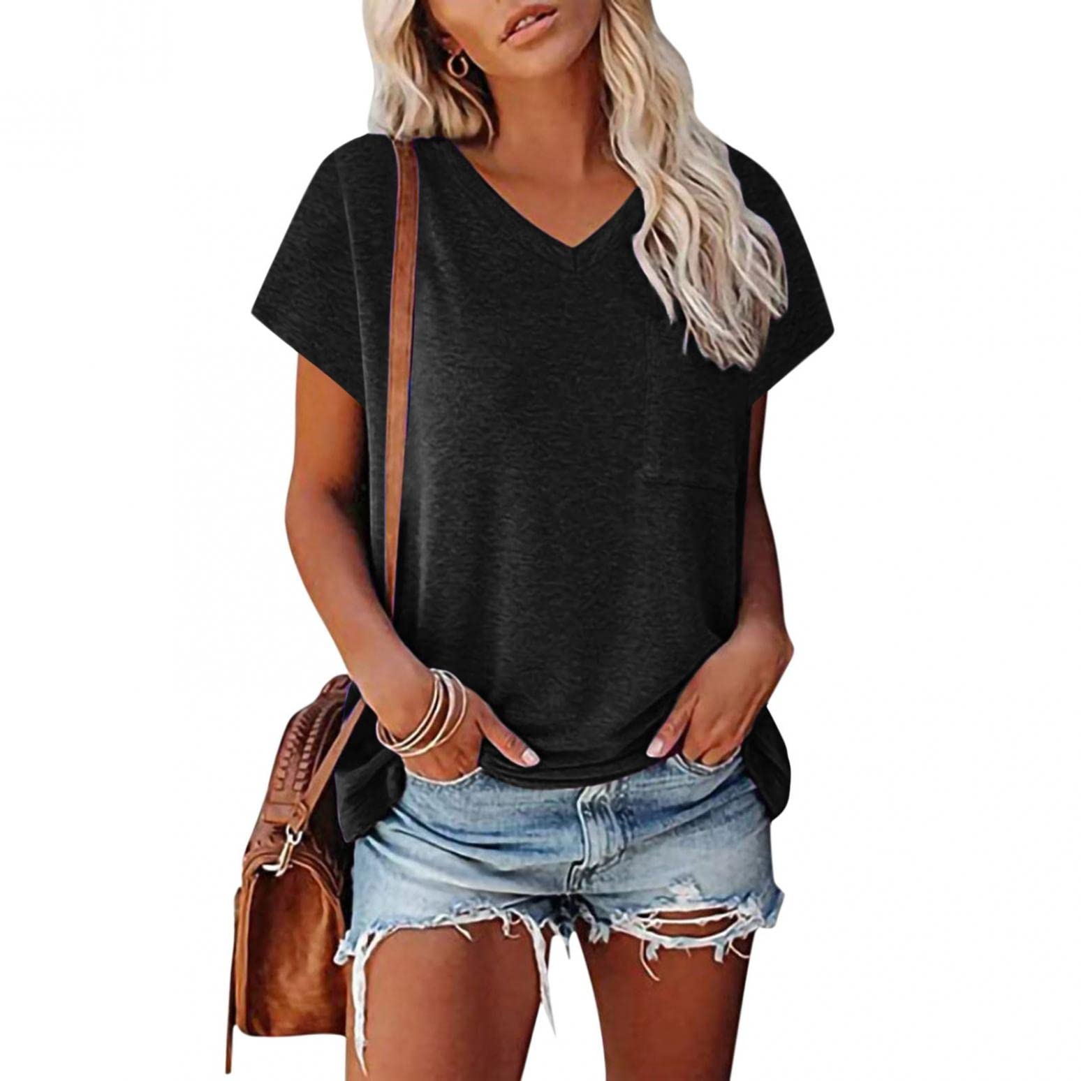 FABIURT Women's V-Neck Cap Sleeve Tunic Tops - Loose Fit Casual Blouse & Basic T-Shirt for Everyday Wear | Perfect for Work, Weekend Outings and Layering