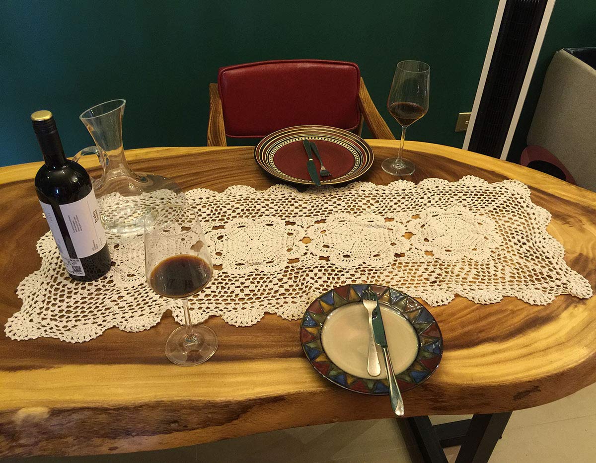 Handmade Beige Crochet Cotton Table Runner - 16x35 Inches Lace Doily Rectangular Dresser Scarf for Dining Table, Coffee Table & Home Decor